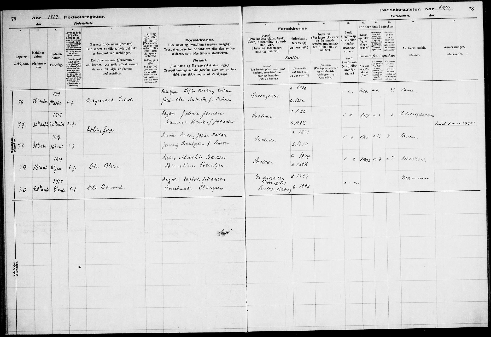 Ministerialprotokoller, klokkerbøker og fødselsregistre - Nordland, AV/SAT-A-1459/874/L1089: Fødselsregister nr. 874.II.4.1, 1916-1926, s. 78