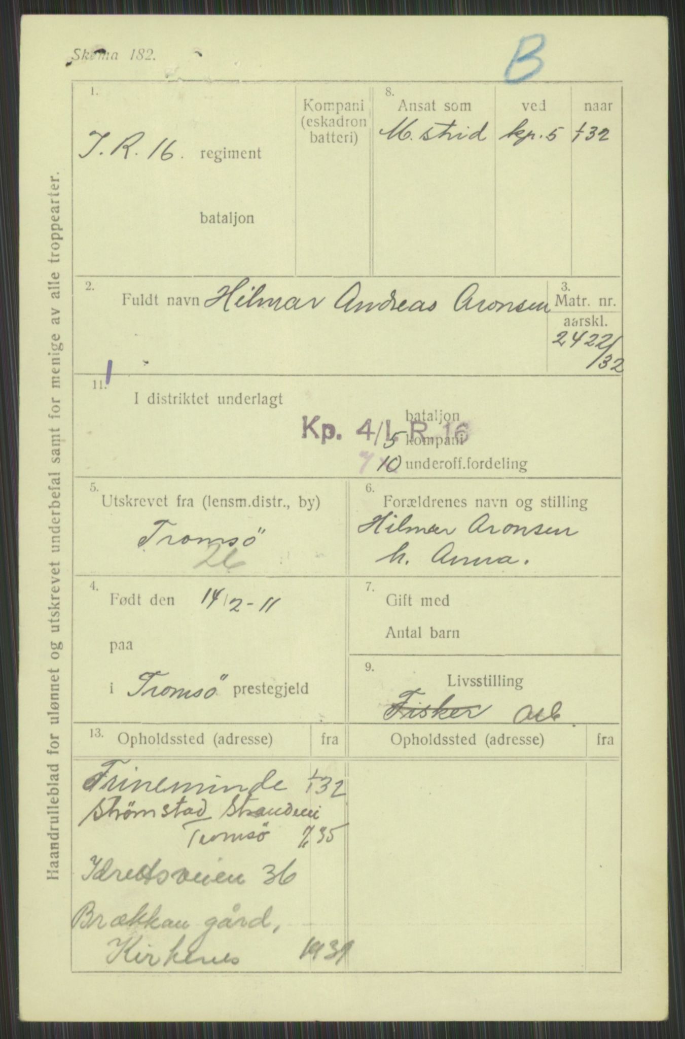 Forsvaret, Troms infanteriregiment nr. 16, AV/RA-RAFA-3146/P/Pa/L0016: Rulleblad for regimentets menige mannskaper, årsklasse 1932, 1932, s. 77