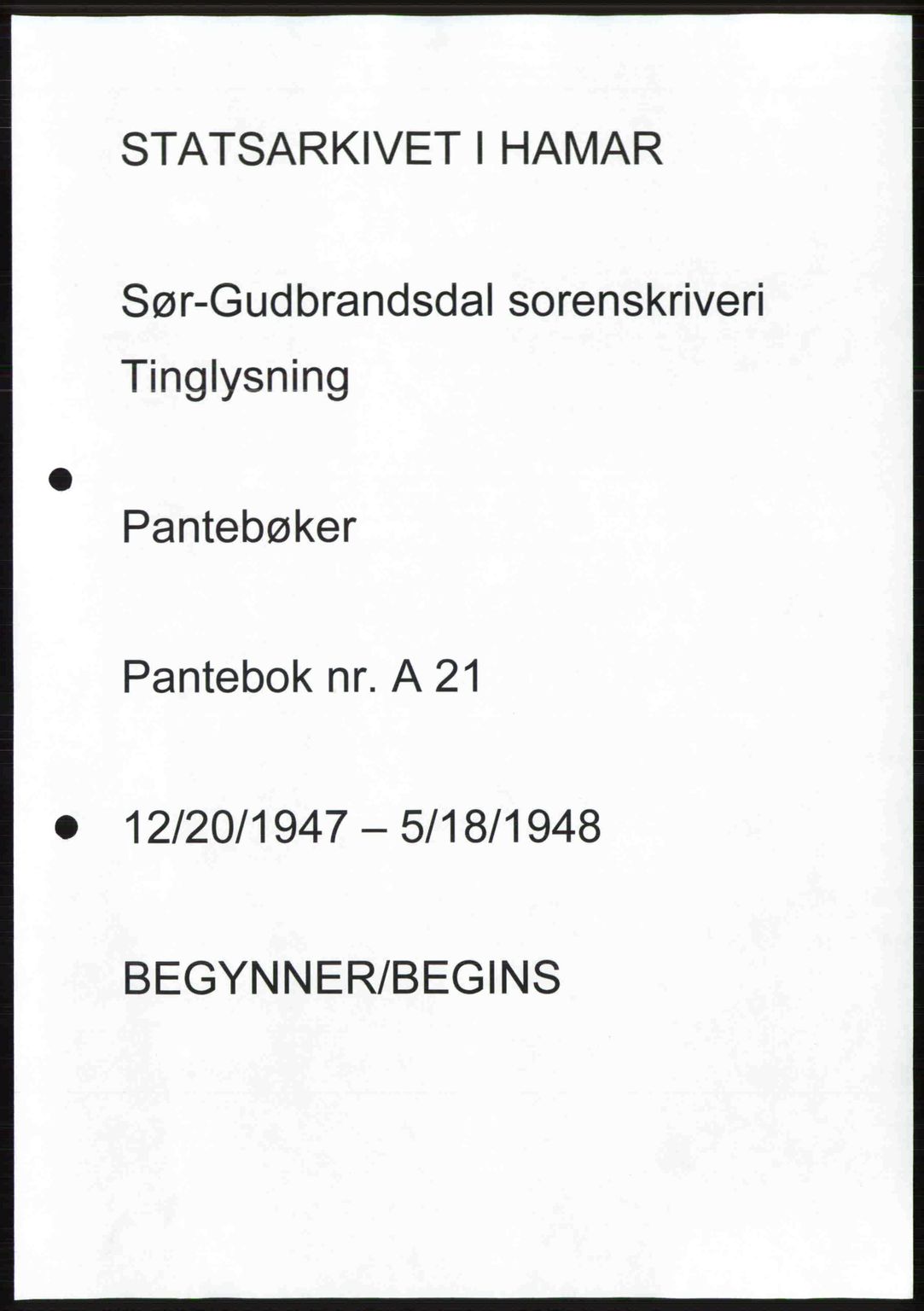 Sør-Gudbrandsdal tingrett, SAH/TING-004/H/Hb/Hbd/L0021: Pantebok nr. A21, 1947-1948