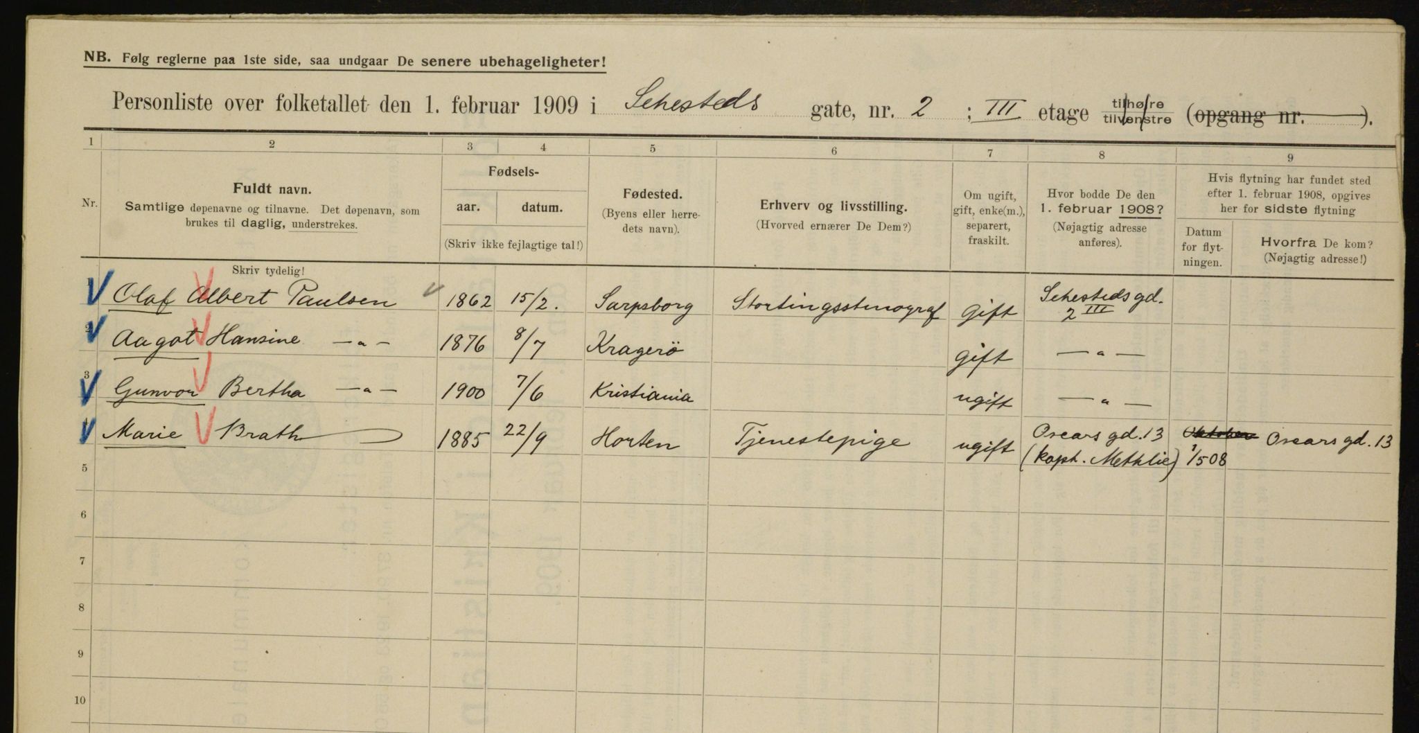 OBA, Kommunal folketelling 1.2.1909 for Kristiania kjøpstad, 1909, s. 85122