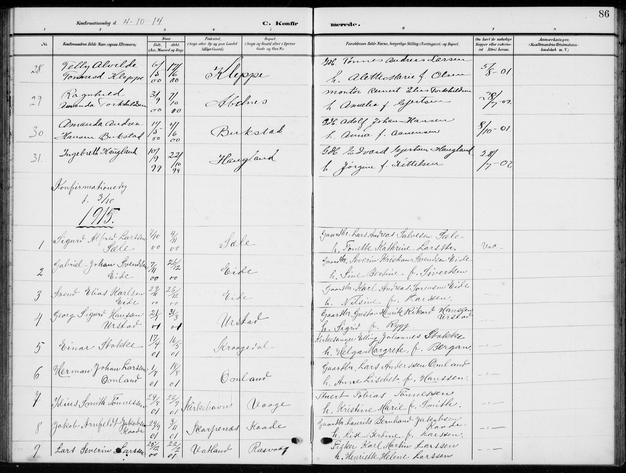 Flekkefjord sokneprestkontor, SAK/1111-0012/F/Fb/Fbb/L0005: Klokkerbok nr. B 5, 1908-1927, s. 86