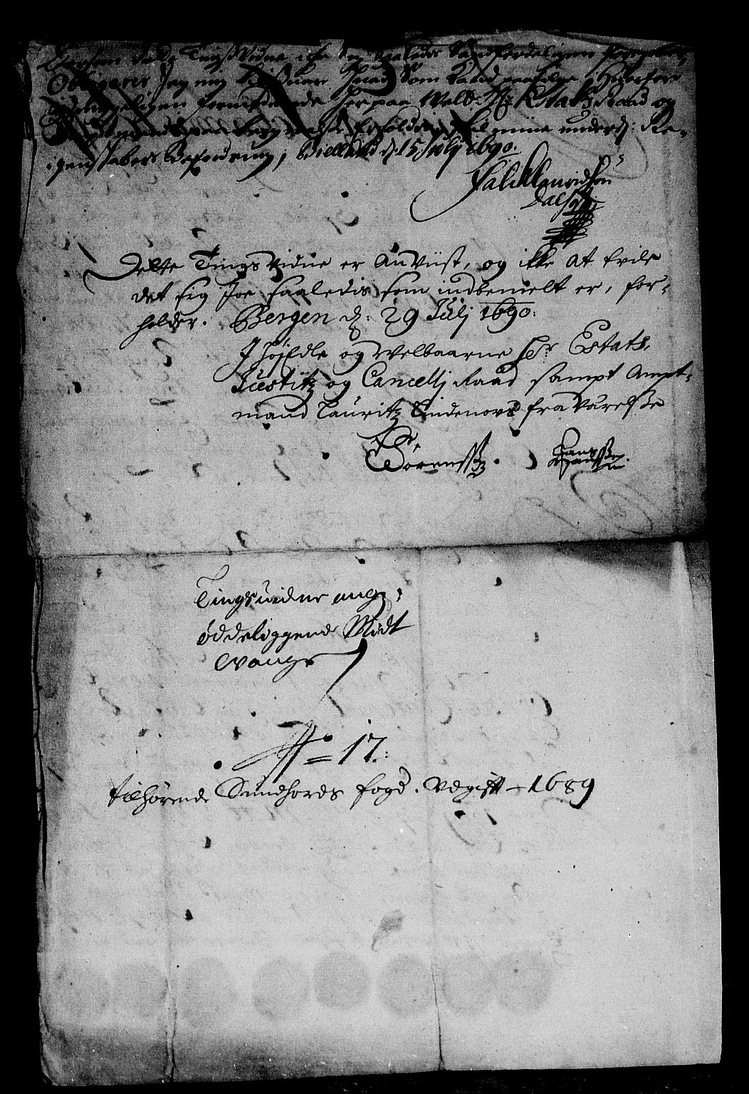 Rentekammeret inntil 1814, Reviderte regnskaper, Stiftamtstueregnskaper, Bergen stiftamt, AV/RA-EA-6043/R/Rc/L0090: Bergen stiftamt, 1689