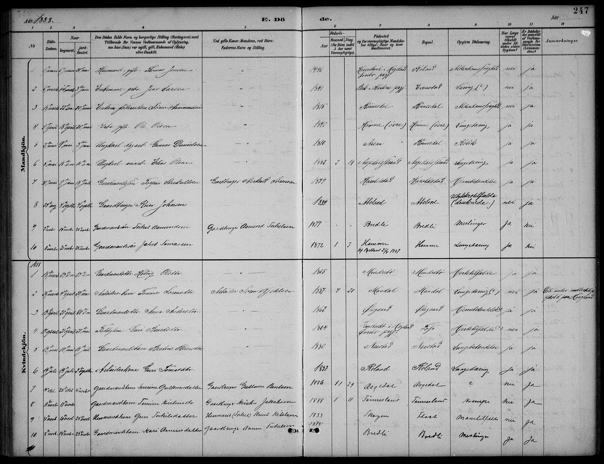 Bjelland sokneprestkontor, AV/SAK-1111-0005/F/Fb/Fba/L0005: Klokkerbok nr. B 5, 1887-1923, s. 247