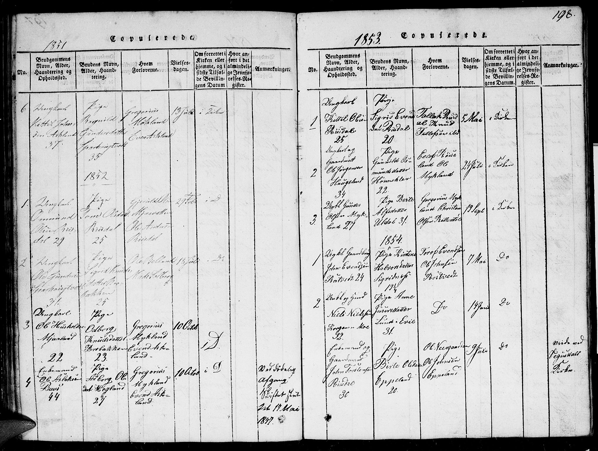 Herefoss sokneprestkontor, SAK/1111-0019/F/Fb/Fbc/L0001: Klokkerbok nr. B 1, 1816-1866, s. 198