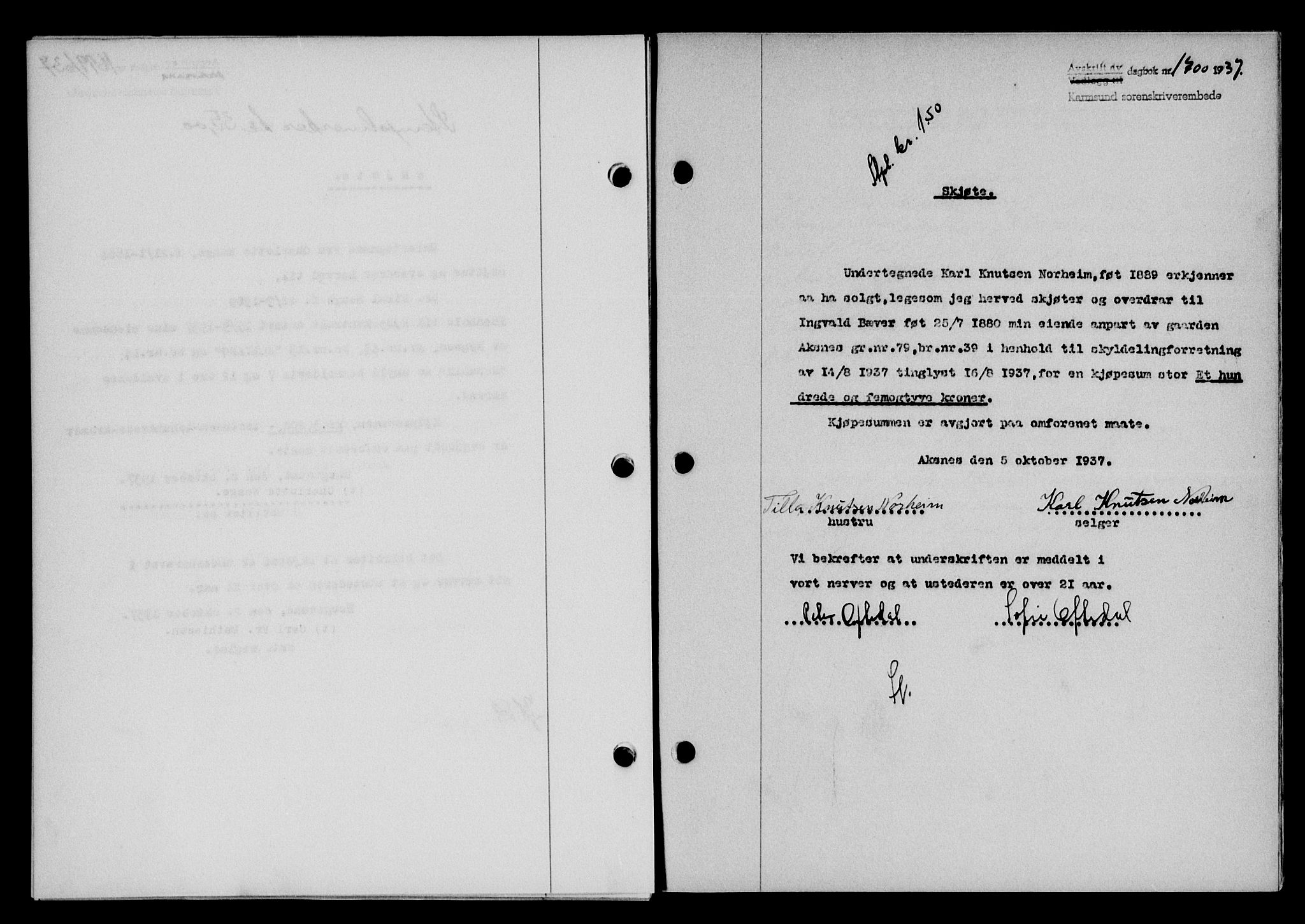 Karmsund sorenskriveri, SAST/A-100311/01/II/IIB/L0068: Pantebok nr. 49A, 1937-1937, Dagboknr: 1700/1937