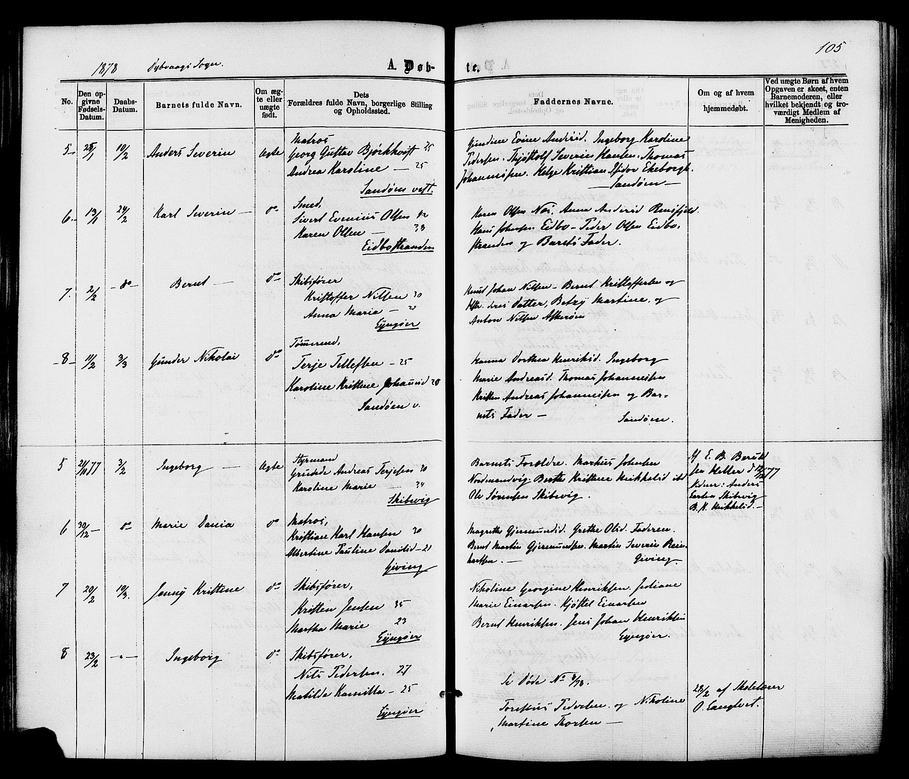Dypvåg sokneprestkontor, SAK/1111-0007/F/Fa/Faa/L0007: Ministerialbok nr. A 7/ 1, 1872-1884, s. 105