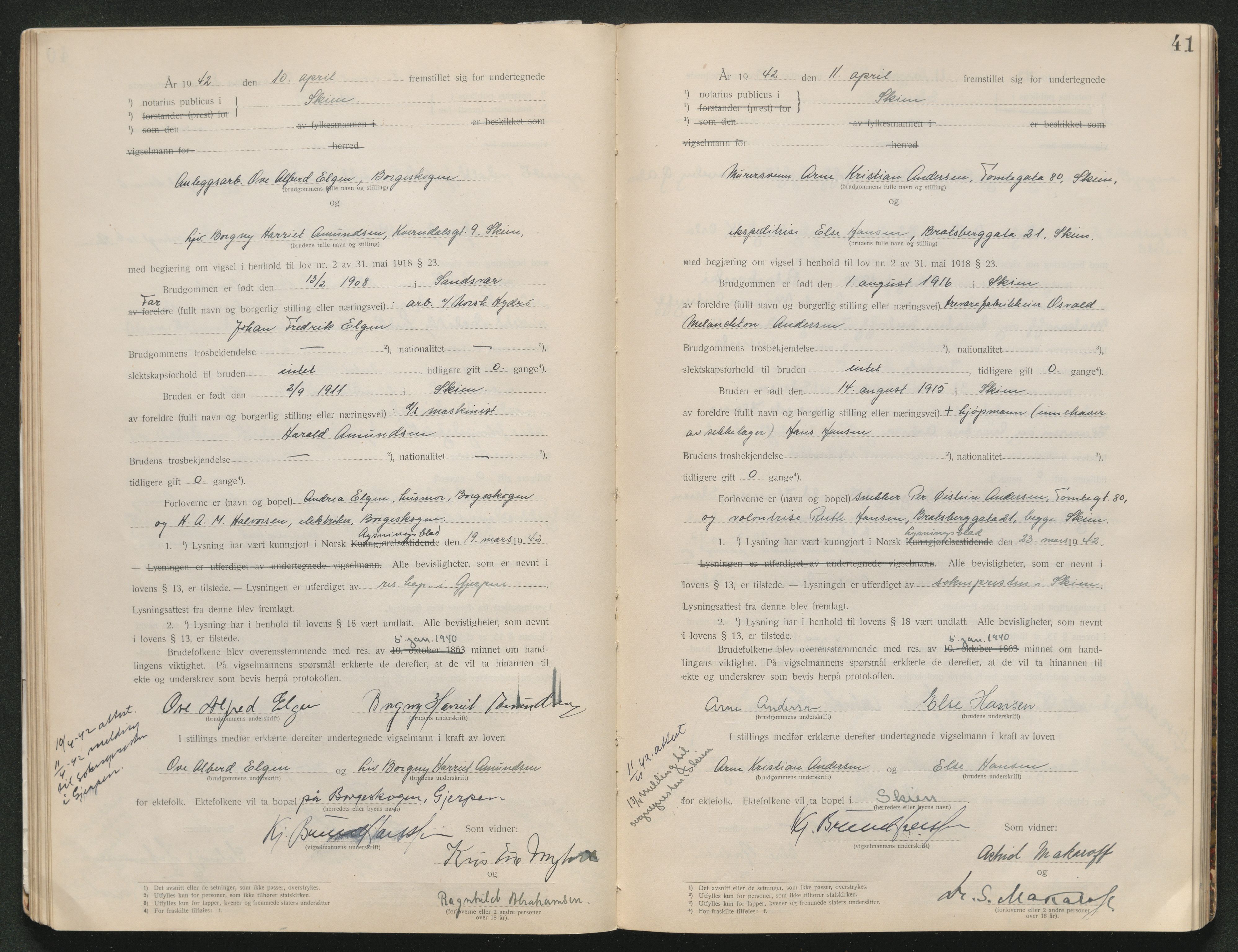Skien sorenskriveri, AV/SAKO-A-225/L/La/L0001: Vigselsprotokoll, 1920-1947, s. 41