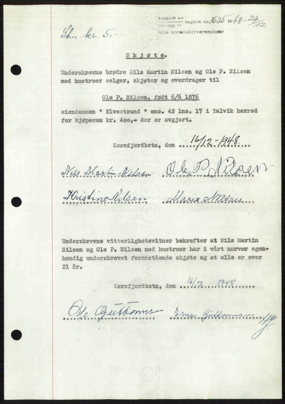 Alta fogderi/sorenskriveri, SATØ/SATØ-5/1/K/Kd/L0037pantebok: Pantebok nr. 39-40, 1948-1949, Dagboknr: 1635/1948