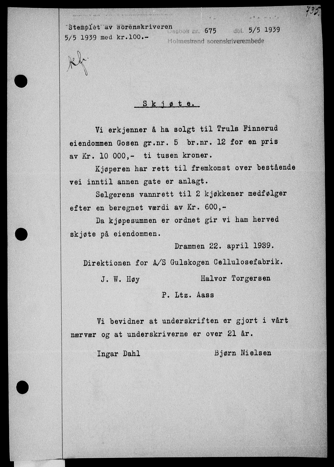 Holmestrand sorenskriveri, SAKO/A-67/G/Ga/Gaa/L0050: Pantebok nr. A-50, 1938-1939, Dagboknr: 675/1939