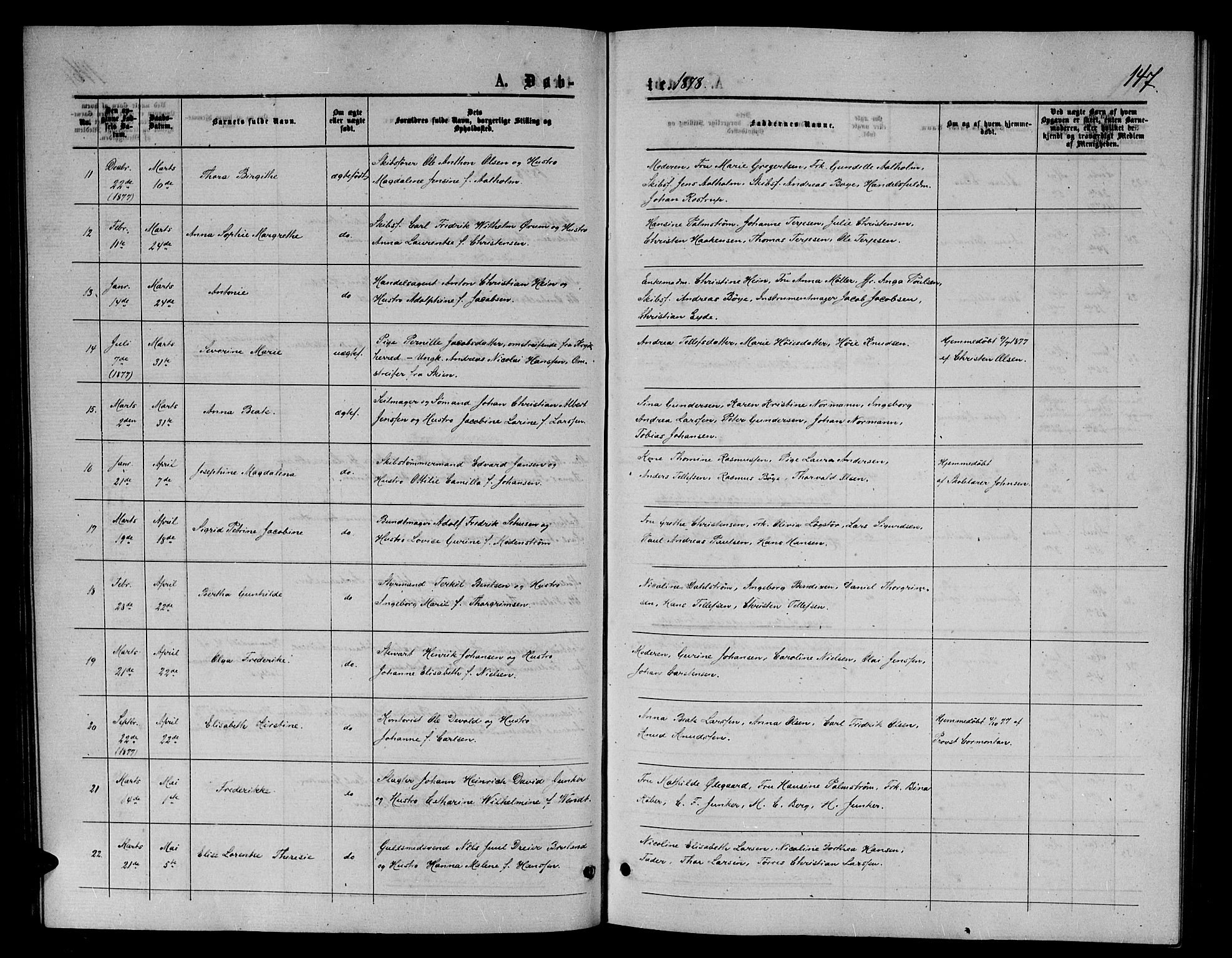 Arendal sokneprestkontor, Trefoldighet, SAK/1111-0040/F/Fb/L0005: Klokkerbok nr. B 5, 1874-1888, s. 147