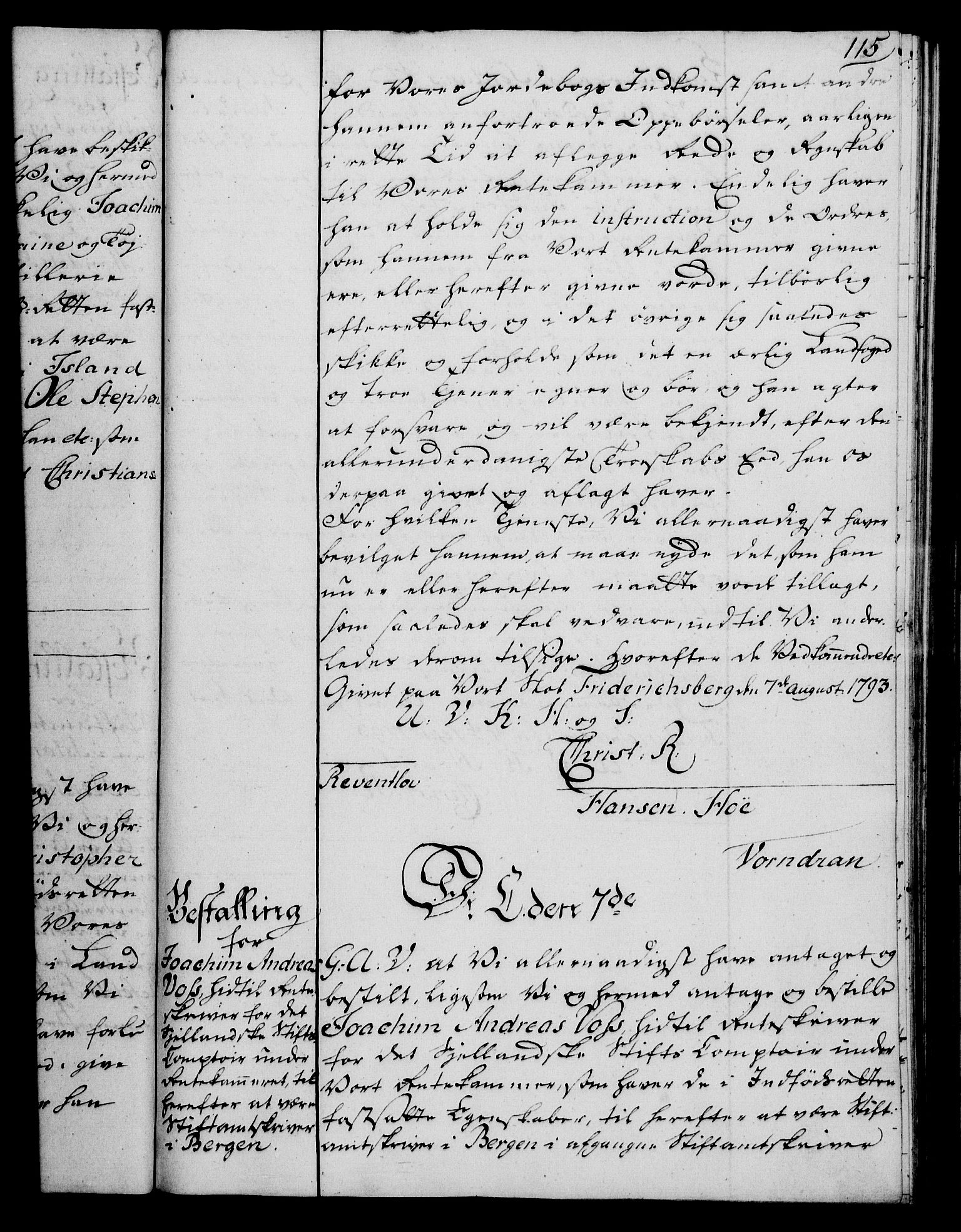 Rentekammeret, Kammerkanselliet, RA/EA-3111/G/Gg/Gge/L0006: Norsk bestallingsprotokoll med register (merket RK 53.30), 1773-1814, s. 115