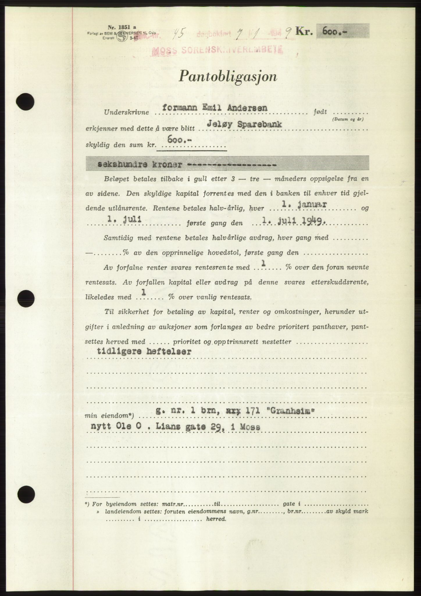 Moss sorenskriveri, SAO/A-10168: Pantebok nr. B21, 1949-1949, Dagboknr: 45/1949