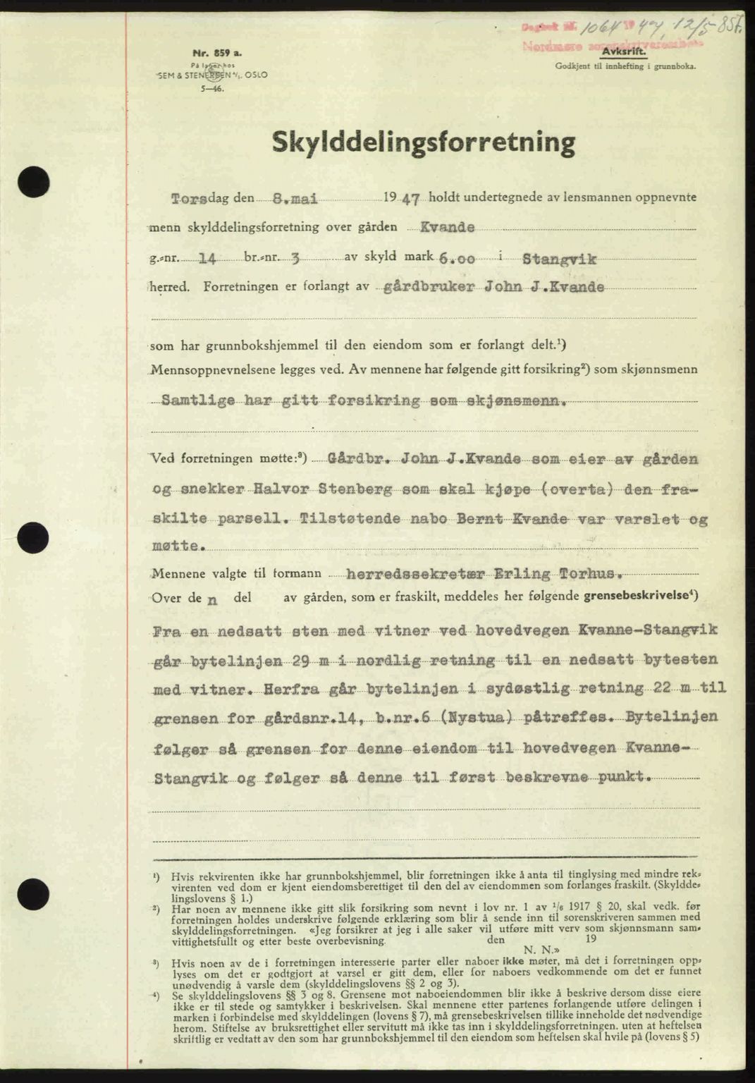 Nordmøre sorenskriveri, SAT/A-4132/1/2/2Ca: Pantebok nr. A104, 1947-1947, Dagboknr: 1064/1947