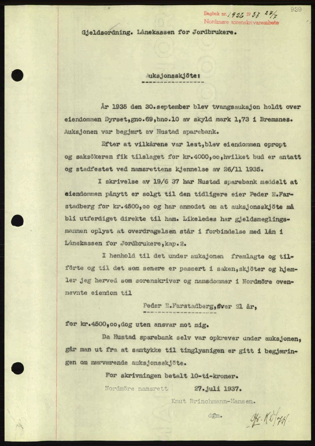 Nordmøre sorenskriveri, SAT/A-4132/1/2/2Ca: Pantebok nr. A81, 1937-1937, Dagboknr: 1926/1937