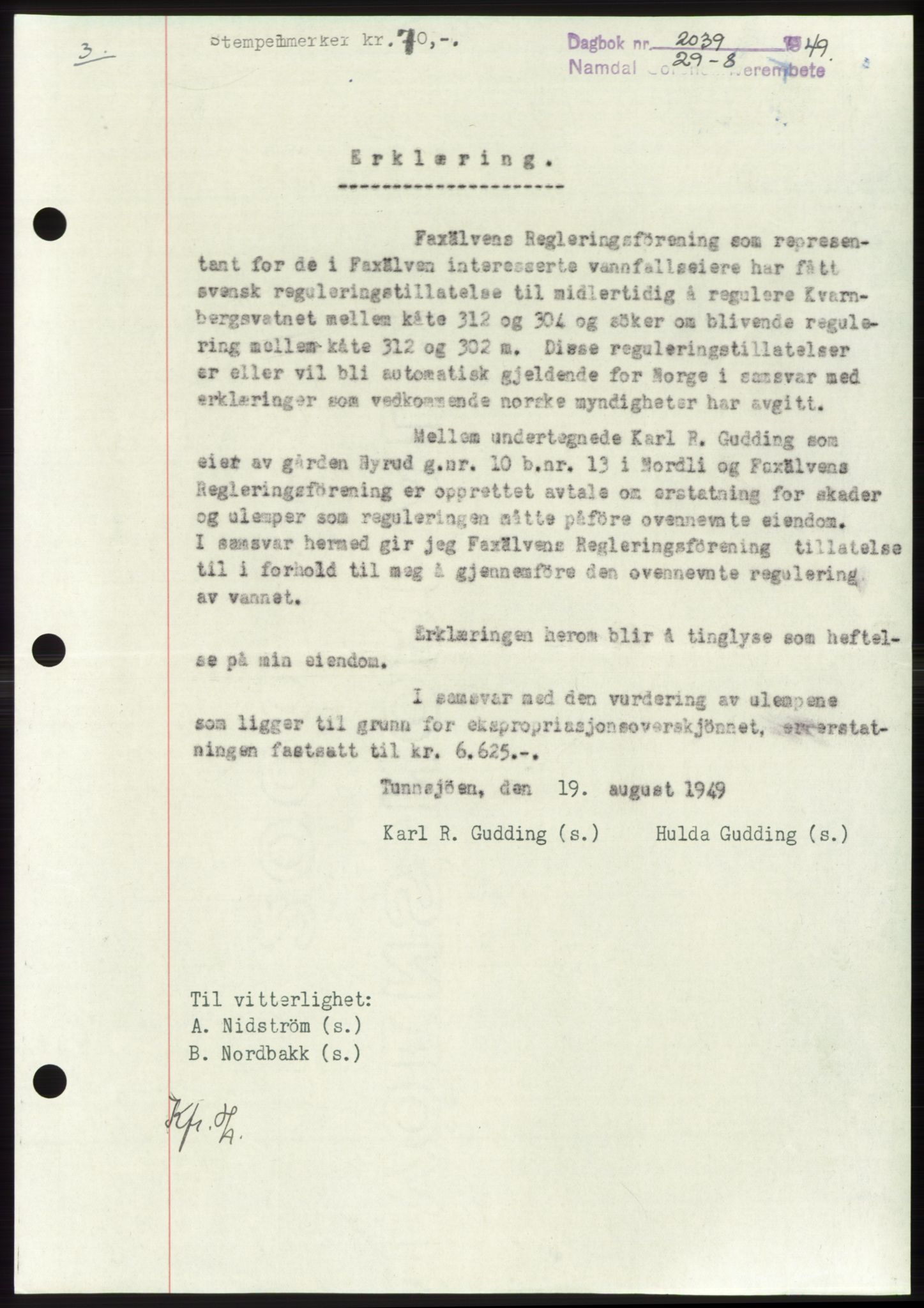 Namdal sorenskriveri, SAT/A-4133/1/2/2C: Pantebok nr. -, 1949-1949, Dagboknr: 2039/1949
