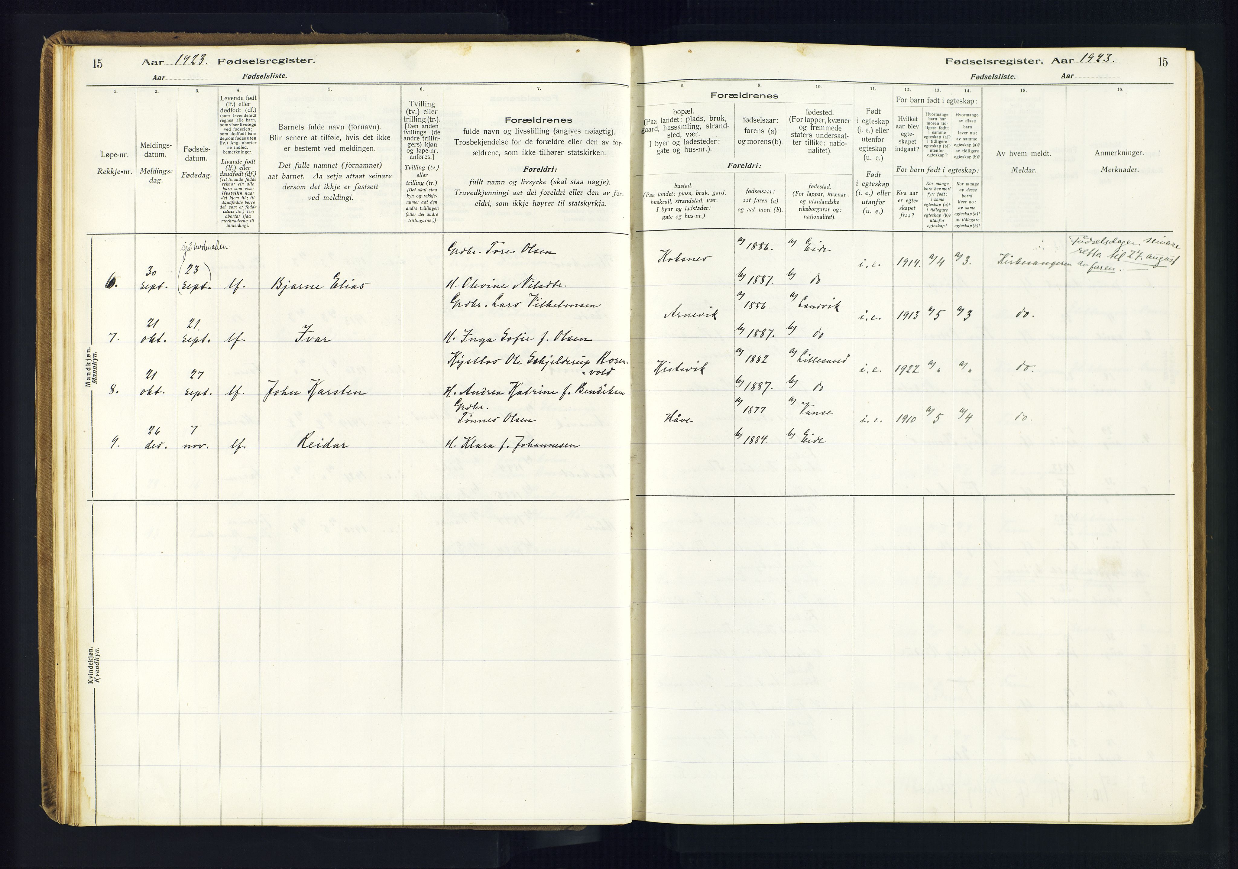 Hommedal sokneprestkontor, AV/SAK-1111-0023/J/Jd/L0003: Fødselsregister nr. 3, 1916-1982, s. 15