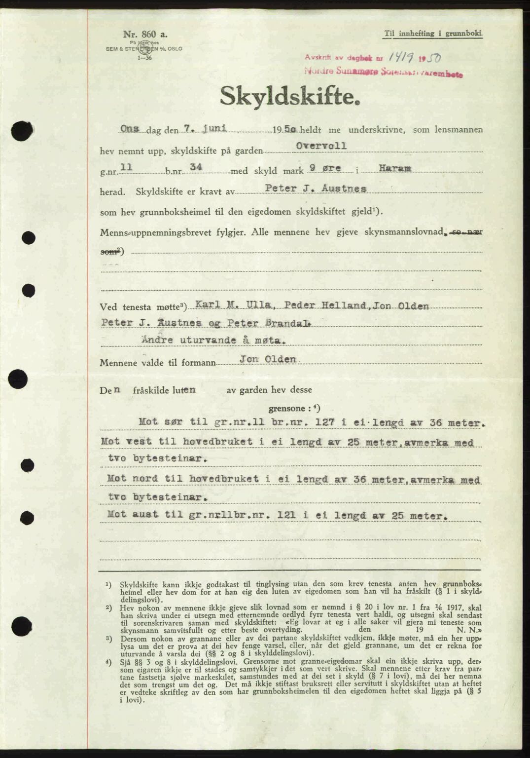 Nordre Sunnmøre sorenskriveri, AV/SAT-A-0006/1/2/2C/2Ca: Pantebok nr. A35, 1950-1950, Dagboknr: 1419/1950