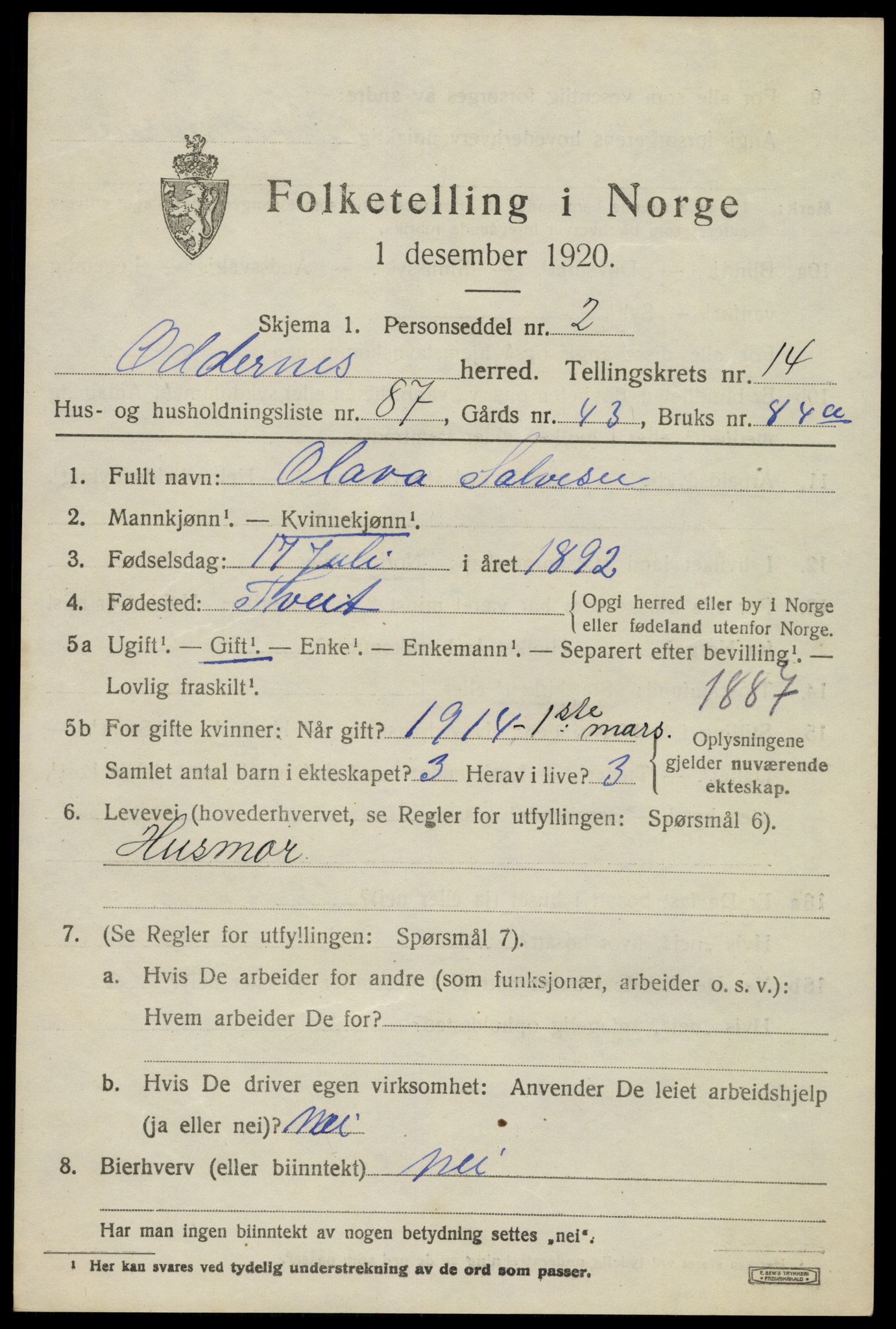 SAK, Folketelling 1920 for 1012 Oddernes herred, 1920, s. 9623