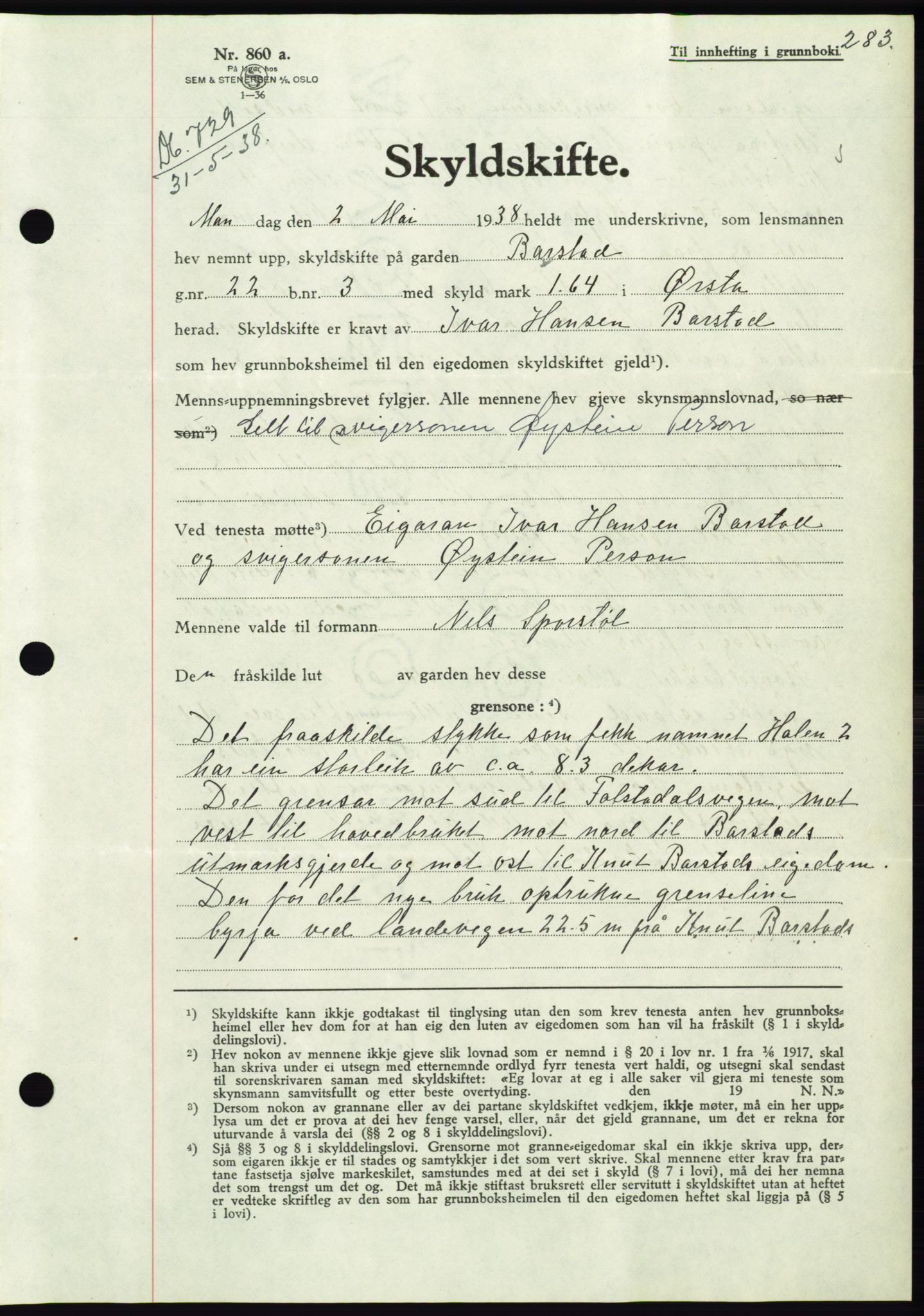 Søre Sunnmøre sorenskriveri, AV/SAT-A-4122/1/2/2C/L0065: Pantebok nr. 59, 1938-1938, Dagboknr: 729/1938