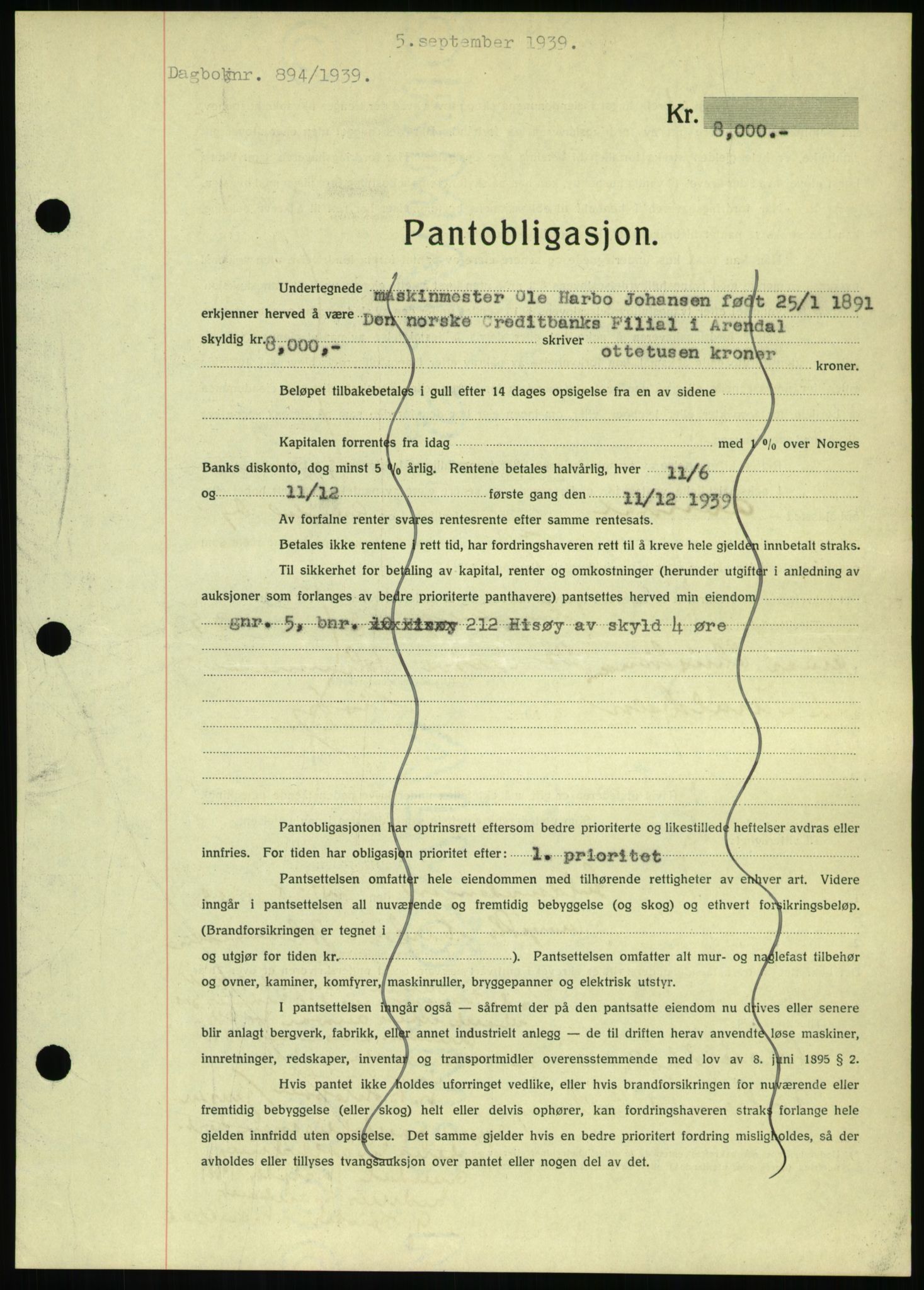 Nedenes sorenskriveri, SAK/1221-0006/G/Gb/Gbb/L0001: Pantebok nr. I, 1939-1942, Dagboknr: 894/1939