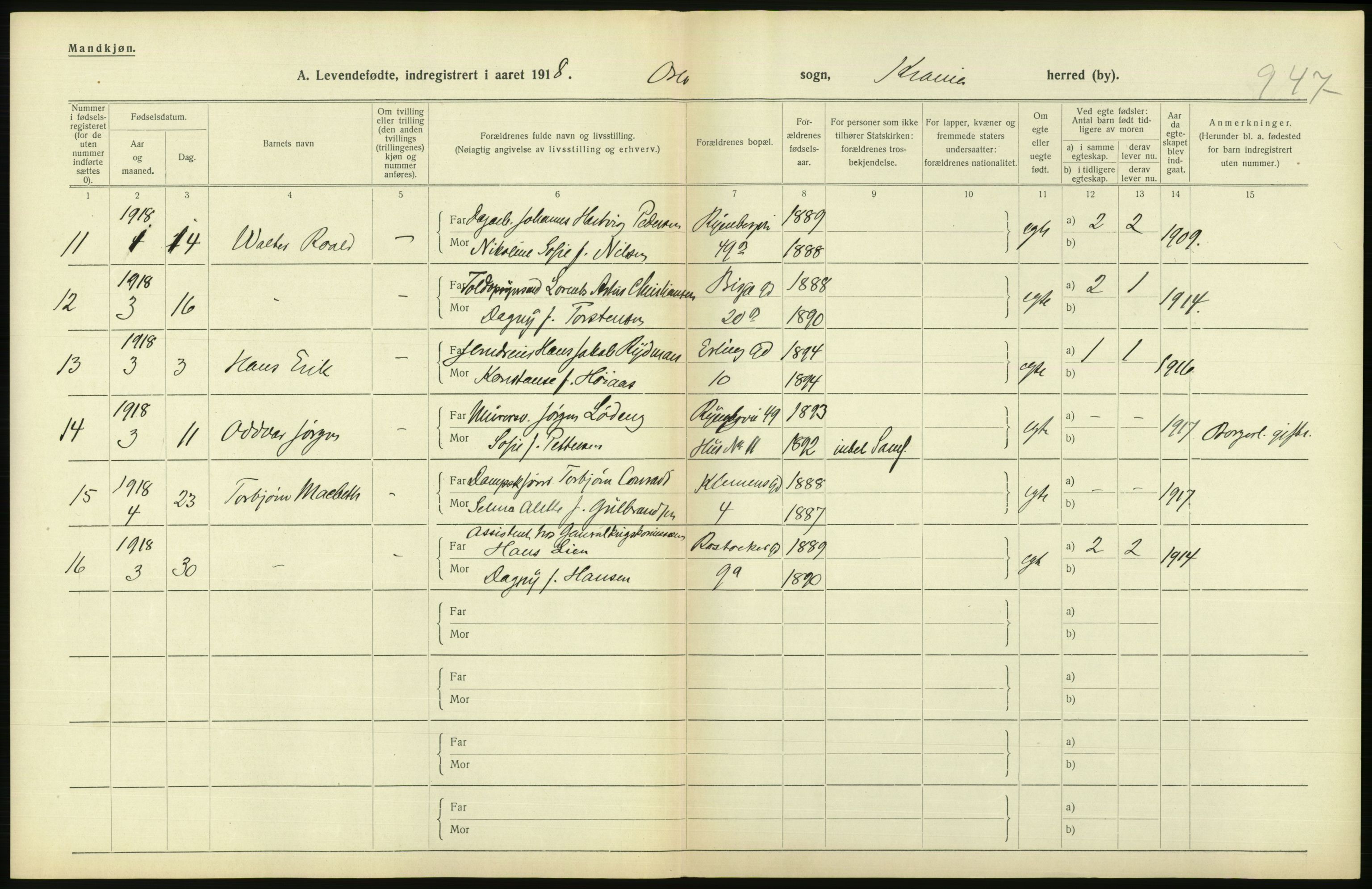 Statistisk sentralbyrå, Sosiodemografiske emner, Befolkning, AV/RA-S-2228/D/Df/Dfb/Dfbh/L0008: Kristiania: Levendefødte menn og kvinner., 1918, s. 722