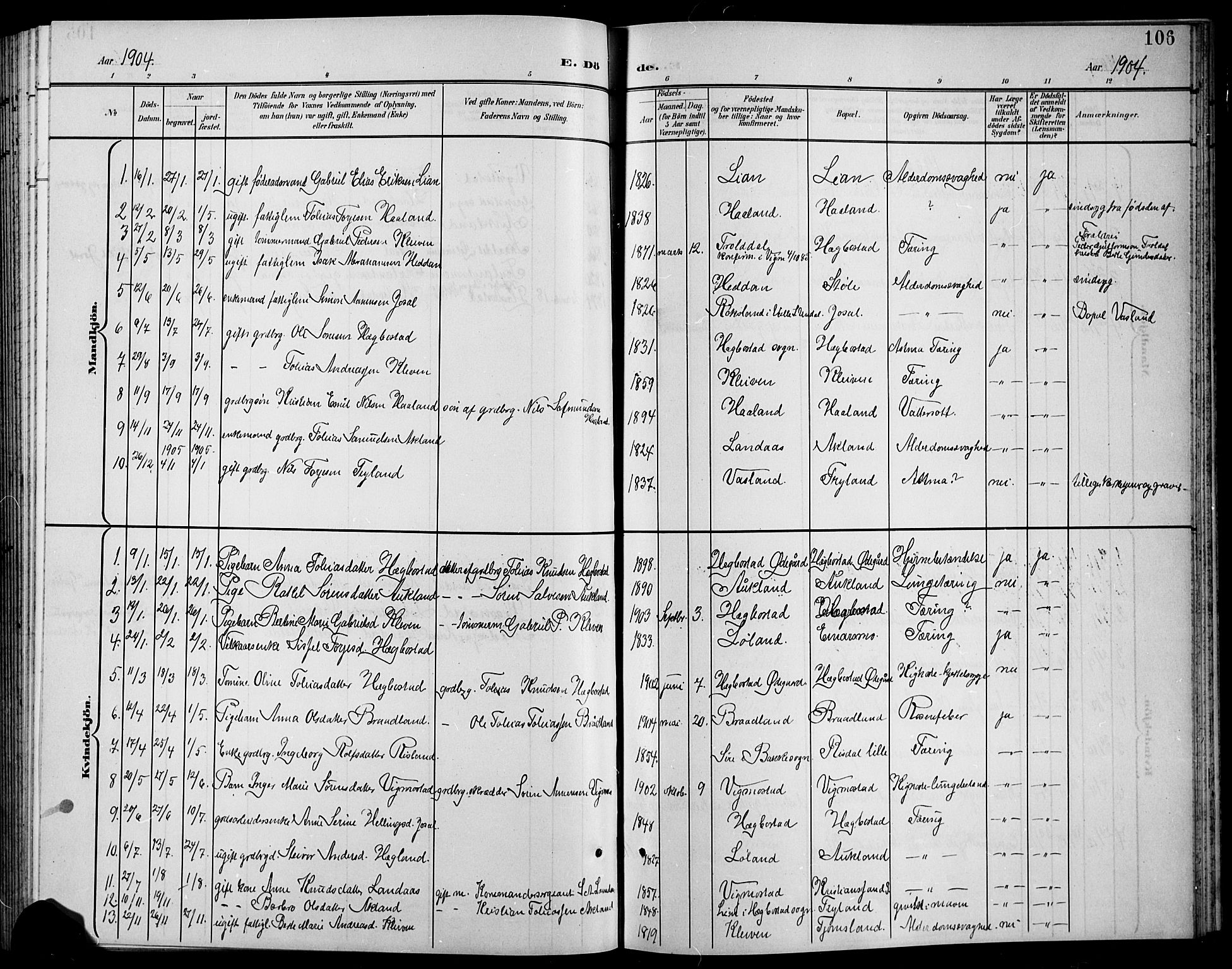 Nord-Audnedal sokneprestkontor, SAK/1111-0032/F/Fb/Fbb/L0004: Klokkerbok nr. B 4, 1901-1917, s. 106