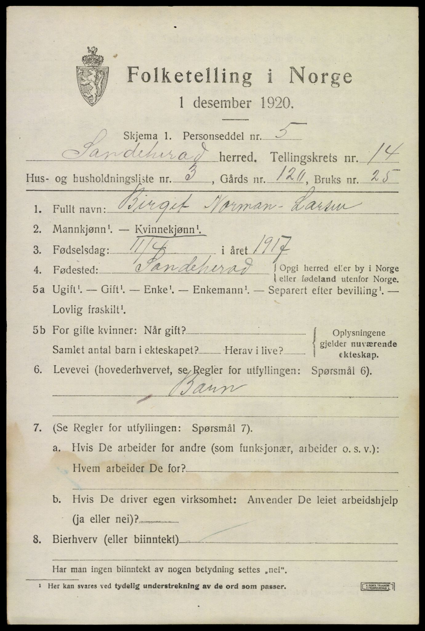 SAKO, Folketelling 1920 for 0724 Sandeherred herred, 1920, s. 20218