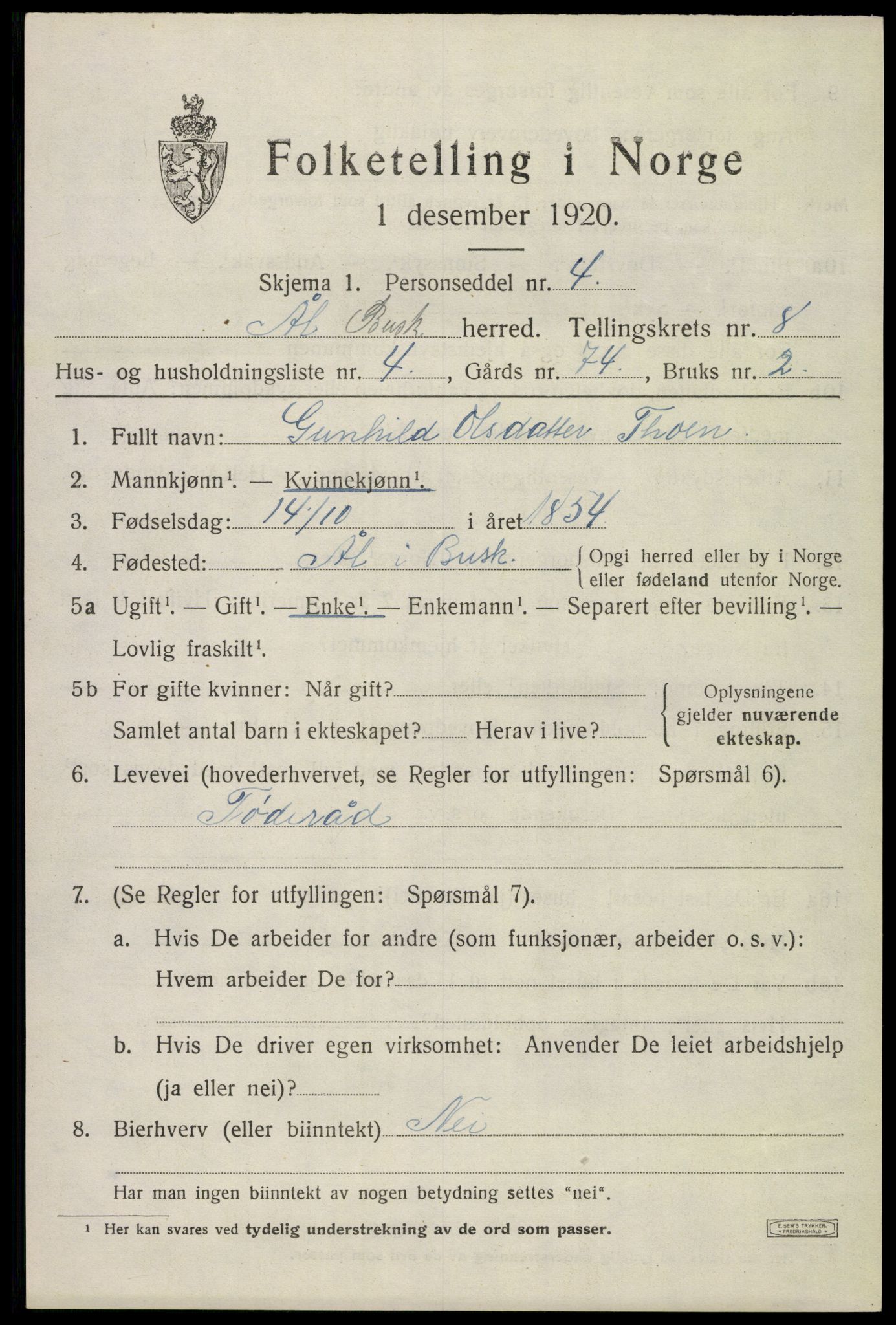 SAKO, Folketelling 1920 for 0619 Ål herred, 1920, s. 5378