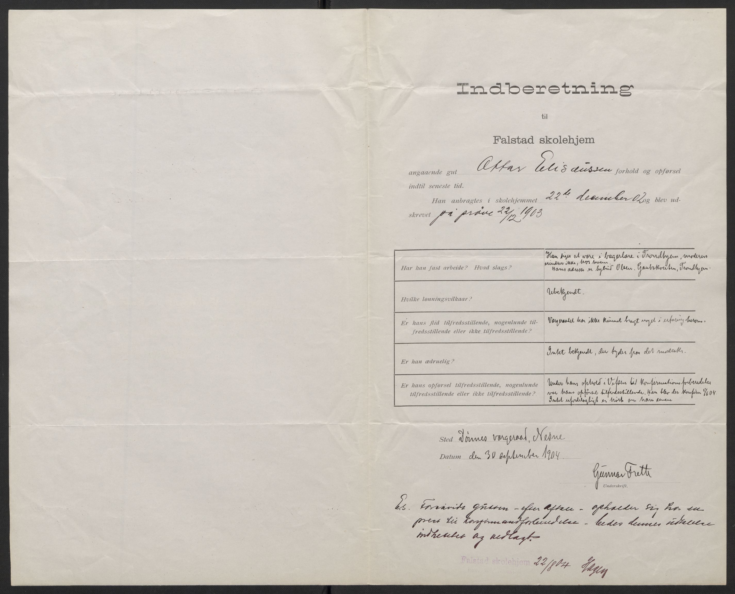 Falstad skolehjem, AV/RA-S-1676/E/Eb/L0005: Elevmapper løpenr. 99-120, 1902-1909, s. 60