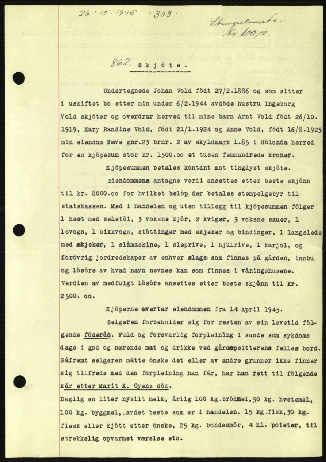 Gauldal sorenskriveri, SAT/A-0014/1/2/2C: Pantebok nr. A1a, 1945-1945, Dagboknr: 862/1945