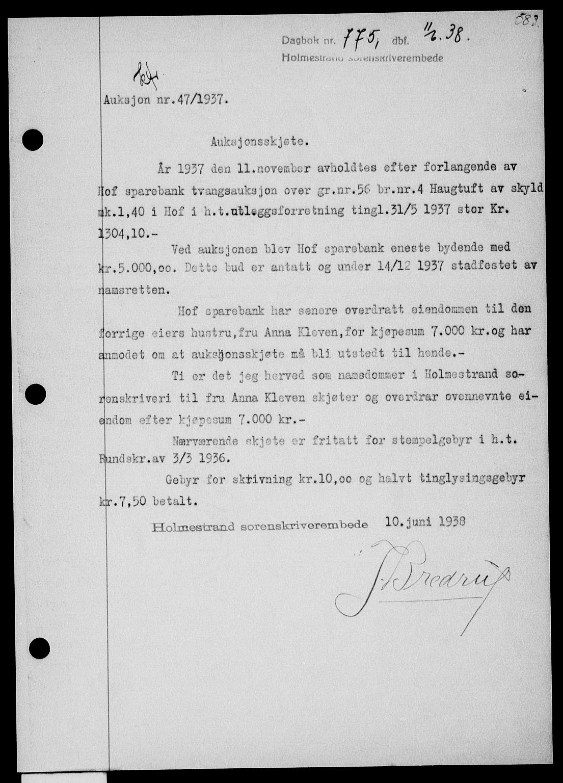Holmestrand sorenskriveri, SAKO/A-67/G/Ga/Gaa/L0049: Pantebok nr. A-49, 1937-1938, Dagboknr: 775/1938