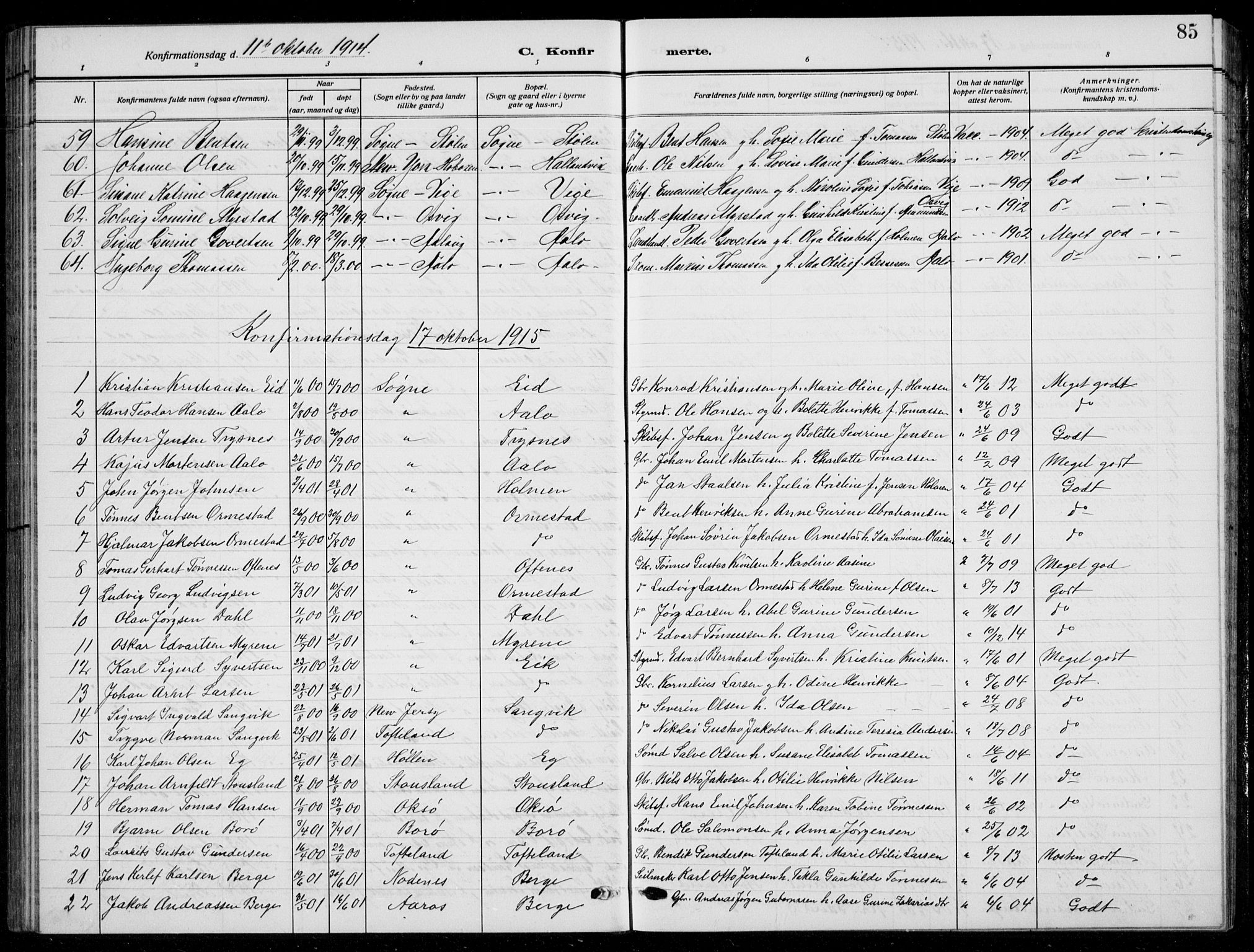 Søgne sokneprestkontor, AV/SAK-1111-0037/F/Fb/Fbb/L0007: Klokkerbok nr. B 7, 1912-1931, s. 85