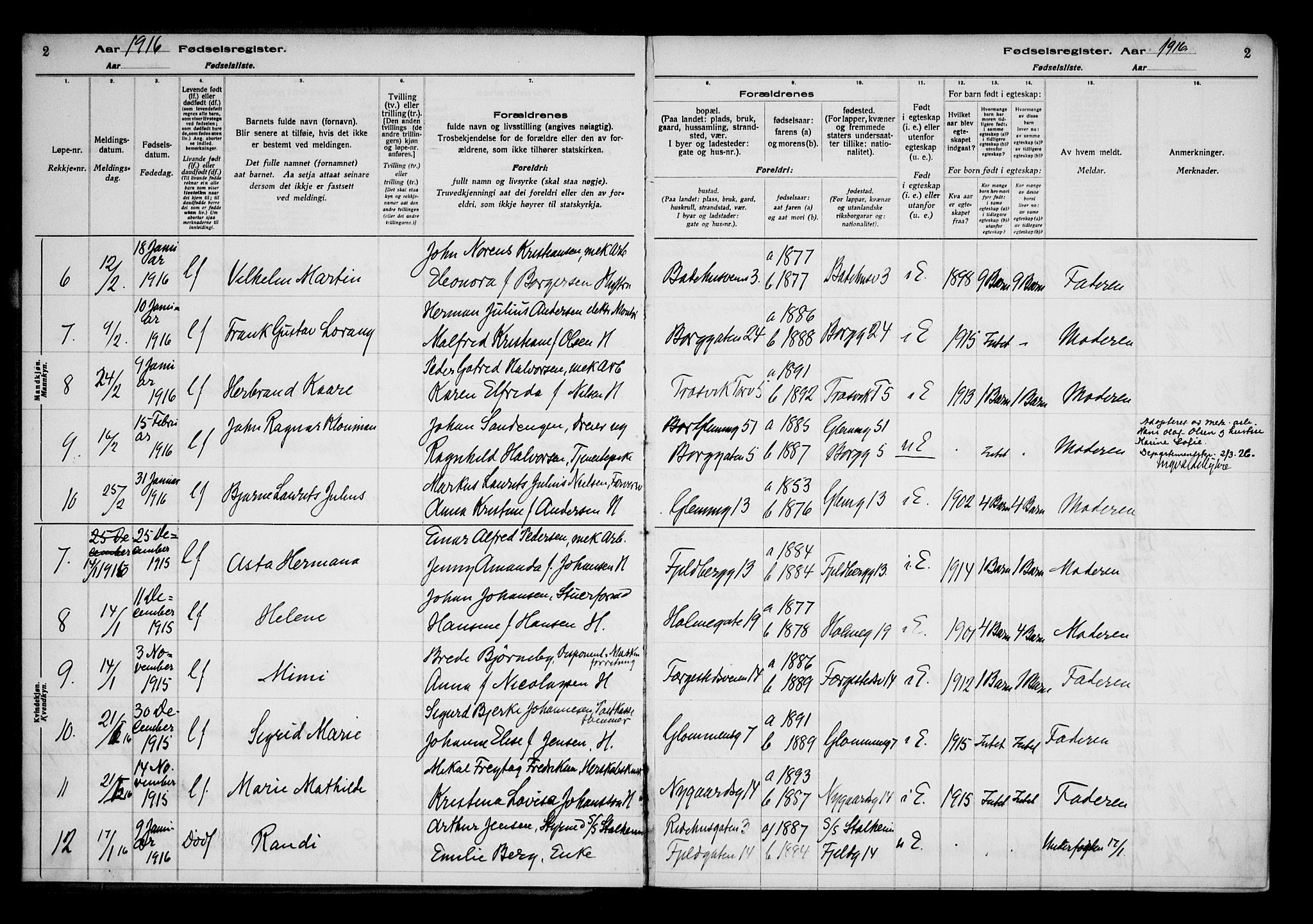 Fredrikstad domkirkes prestekontor Kirkebøker, AV/SAO-A-10906/J/*Ja/L0001: Fødselsregister nr. 1, 1916-1925, s. 2