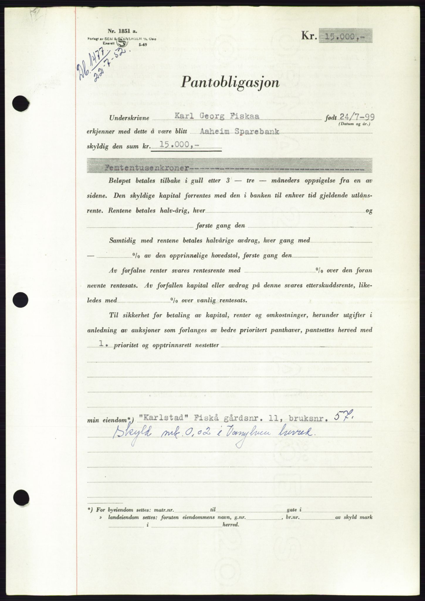 Søre Sunnmøre sorenskriveri, AV/SAT-A-4122/1/2/2C/L0121: Pantebok nr. 9B, 1951-1952, Dagboknr: 1477/1952