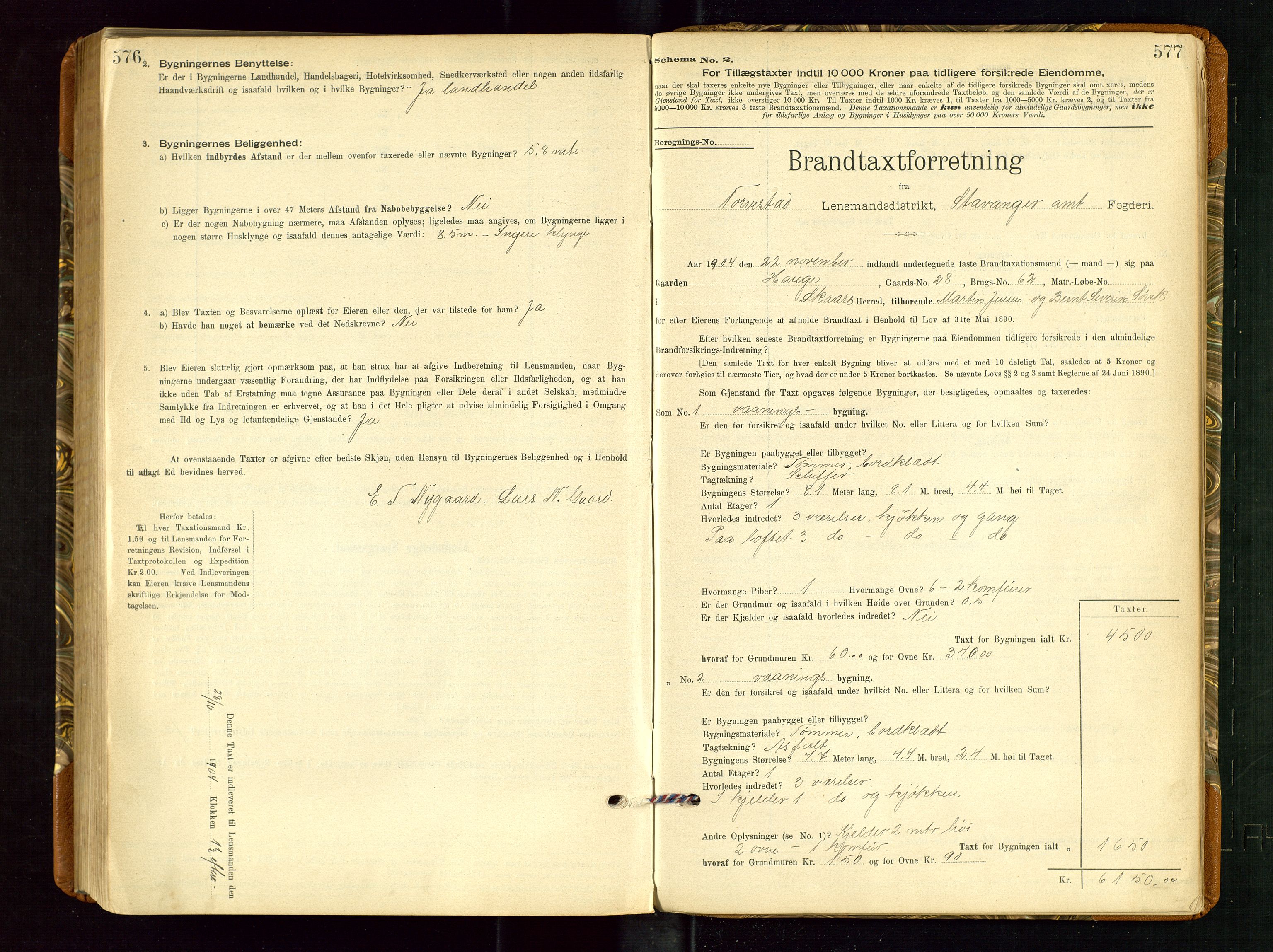 Torvestad lensmannskontor, AV/SAST-A-100307/1/Gob/L0002: "Brandtakstprotokol for Lensmanden i Torvestad", 1900-1905, s. 576-577