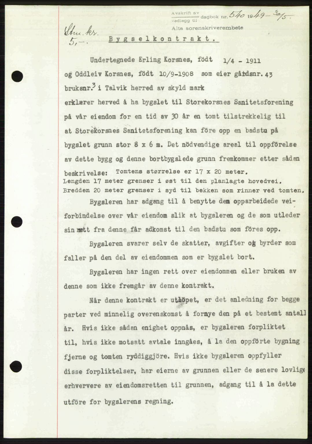 Alta fogderi/sorenskriveri, SATØ/SATØ-5/1/K/Kd/L0037pantebok: Pantebok nr. 39-40, 1948-1949, Dagboknr: 540/1949