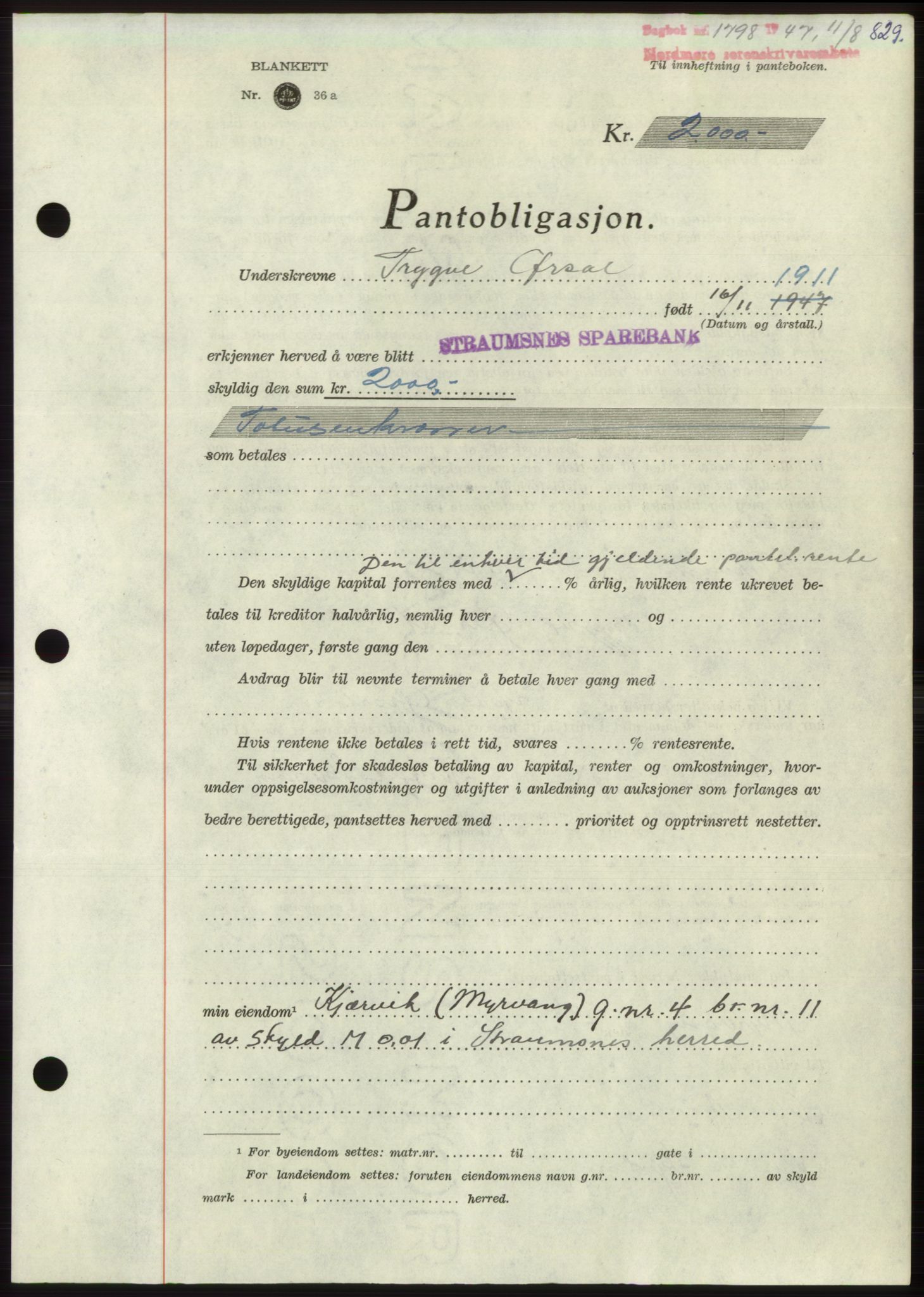Nordmøre sorenskriveri, SAT/A-4132/1/2/2Ca: Pantebok nr. B96, 1947-1947, Dagboknr: 1798/1947