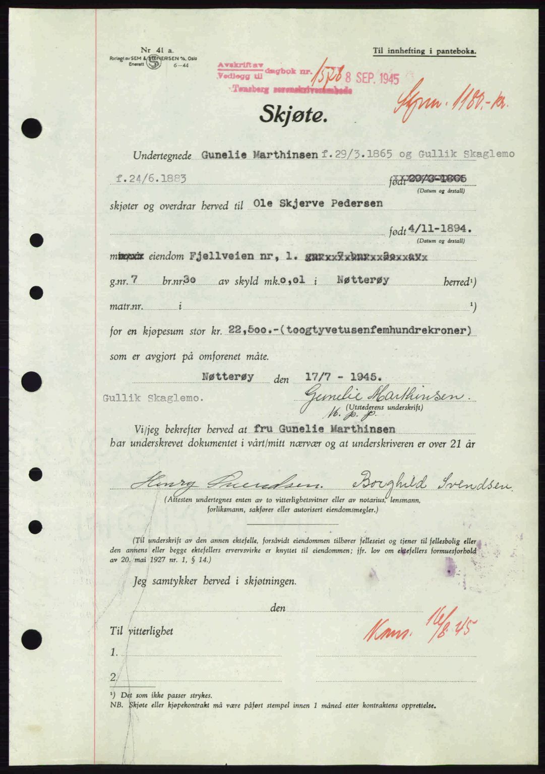 Tønsberg sorenskriveri, AV/SAKO-A-130/G/Ga/Gaa/L0017a: Pantebok nr. A17a, 1945-1945, Dagboknr: 1578/1945