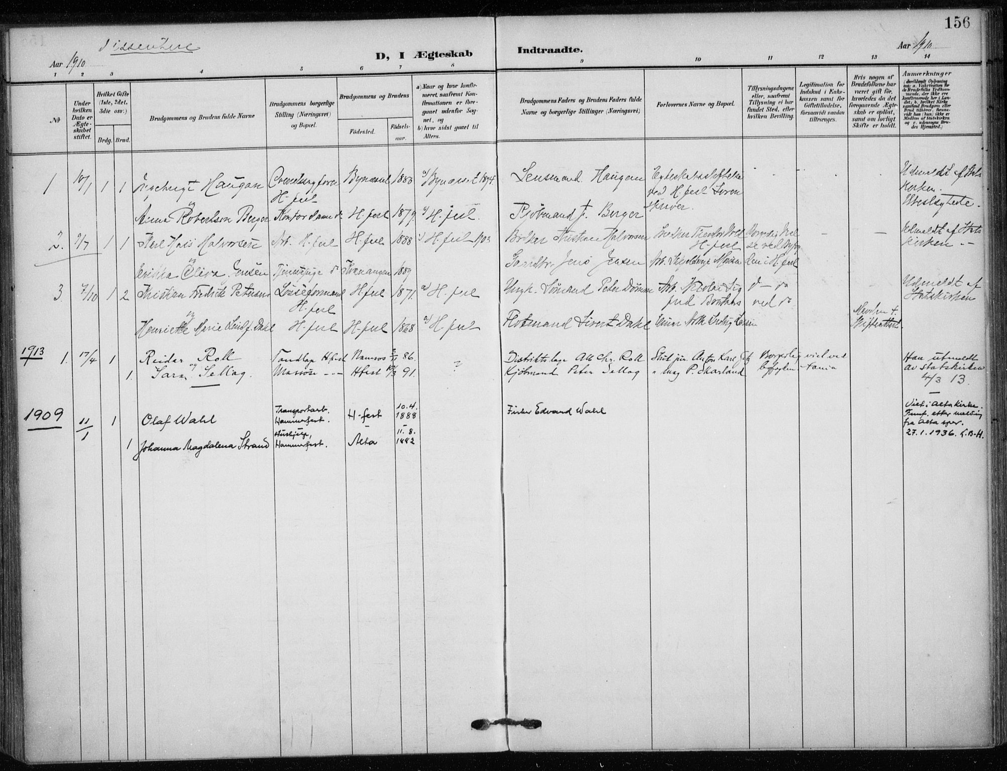 Hammerfest sokneprestkontor, AV/SATØ-S-1347/H/Ha/L0014.kirke: Ministerialbok nr. 14, 1906-1916, s. 156