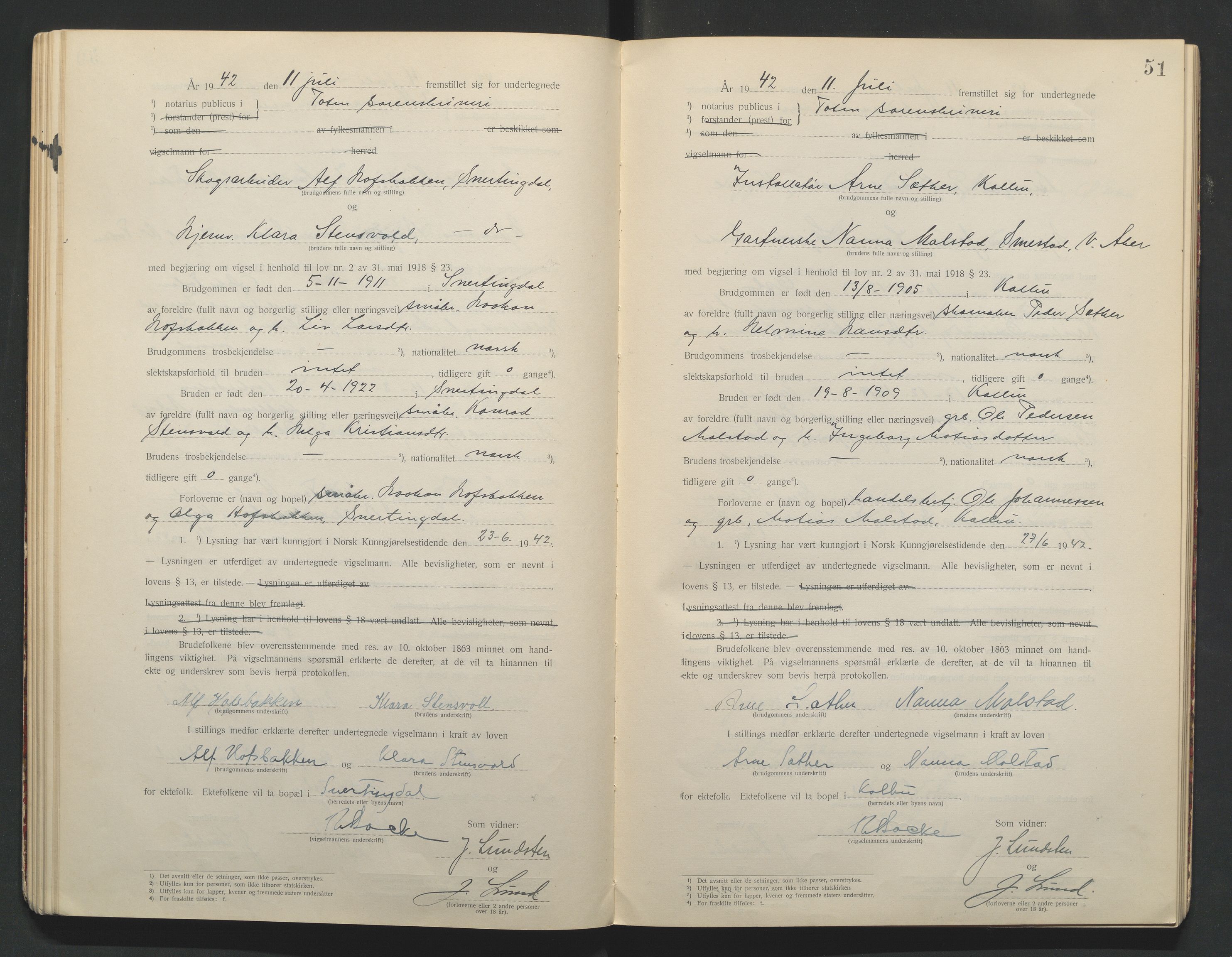 Toten tingrett, AV/SAH-TING-006/L/Lc/L0001: Vigselbok, 1920-1942, s. 51