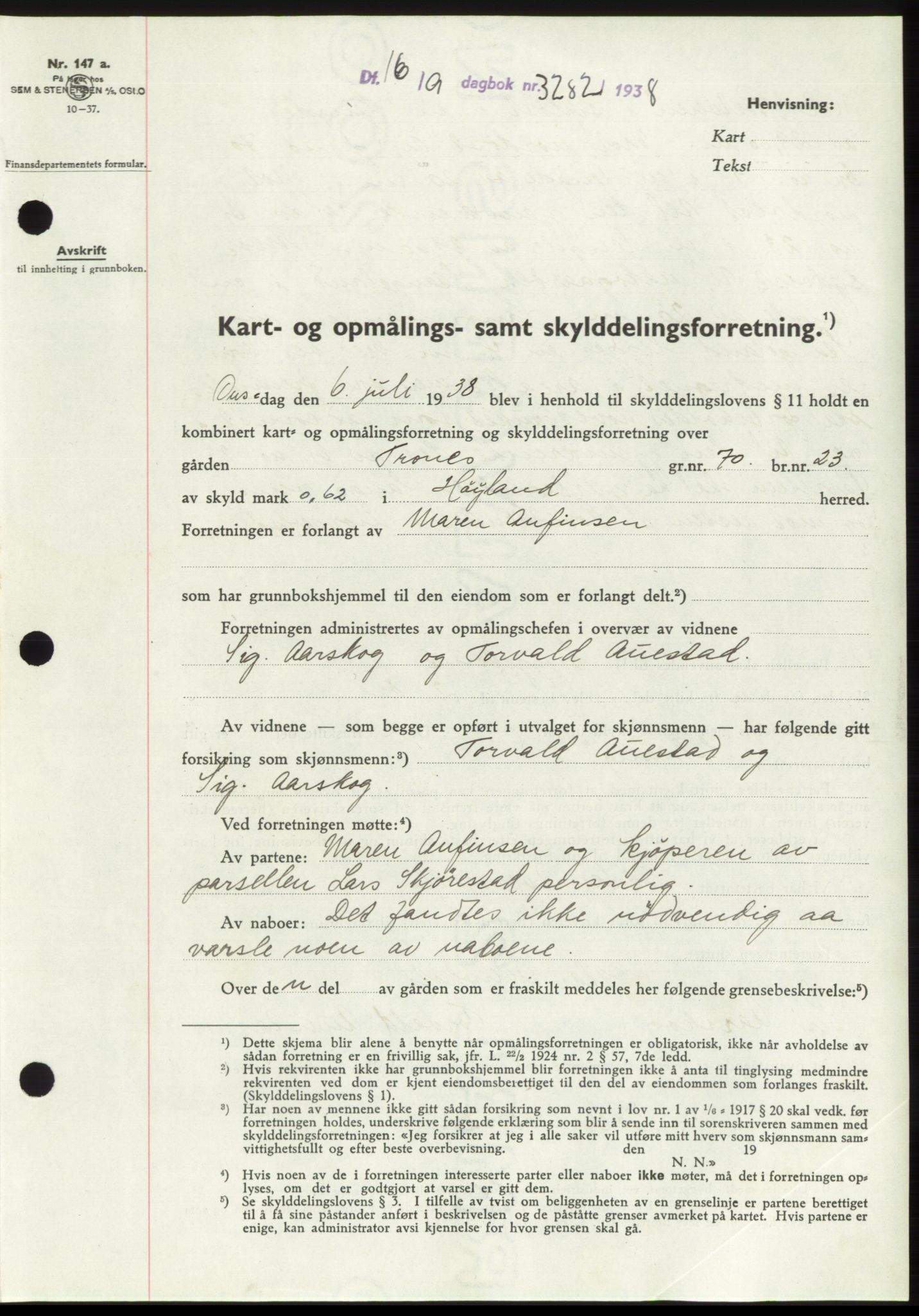 Jæren sorenskriveri, SAST/A-100310/03/G/Gba/L0072: Pantebok, 1938-1938, Dagboknr: 3282/1938