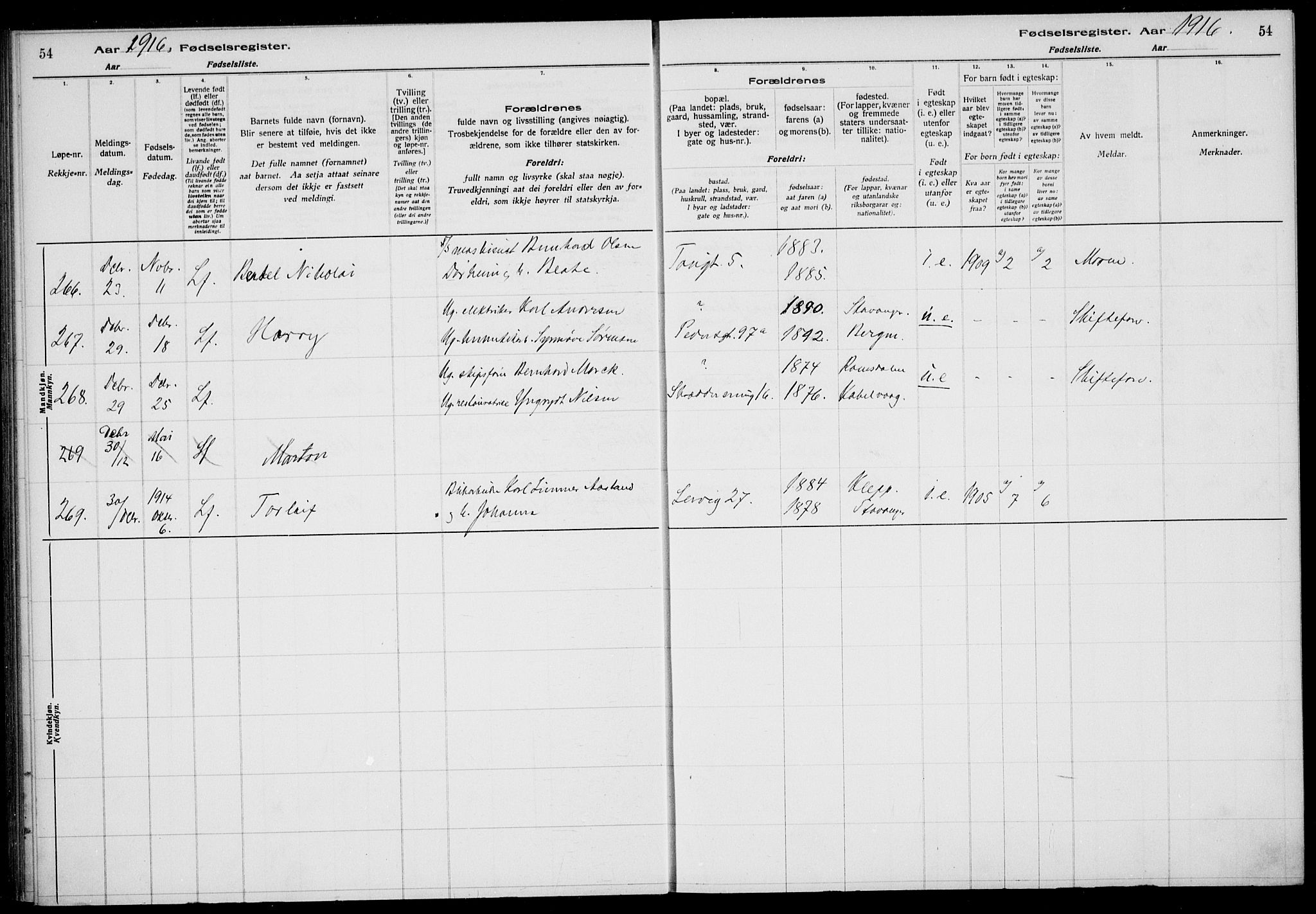 St. Johannes sokneprestkontor, AV/SAST-A-101814/002/A/L0001: Fødselsregister nr. 1, 1916-1919, s. 54