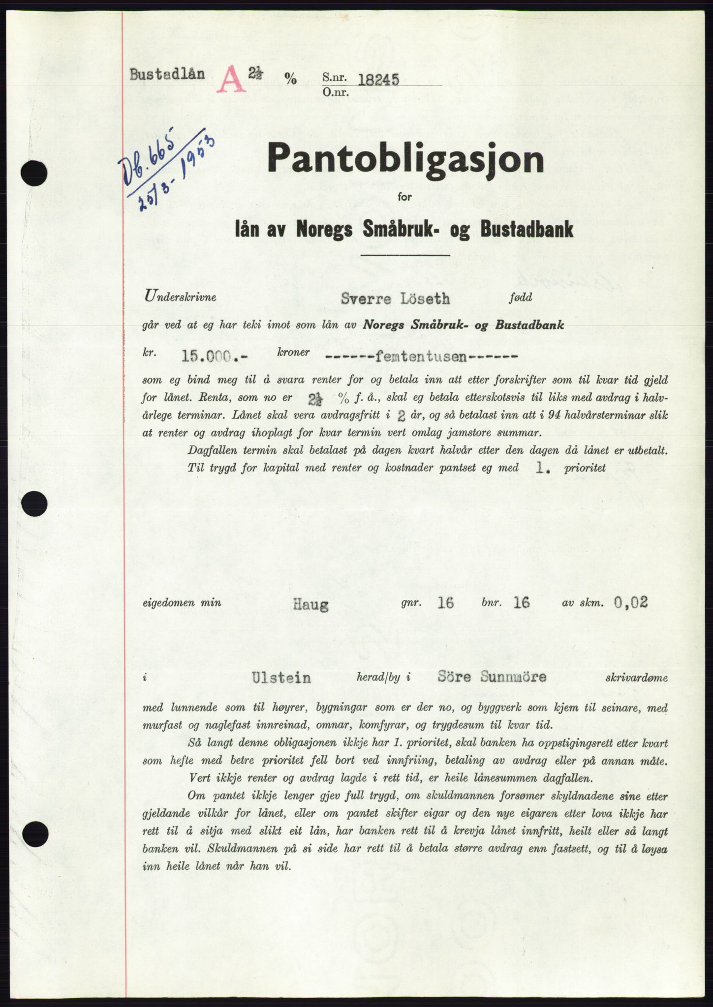 Søre Sunnmøre sorenskriveri, SAT/A-4122/1/2/2C/L0123: Pantebok nr. 11B, 1953-1953, Dagboknr: 665/1953