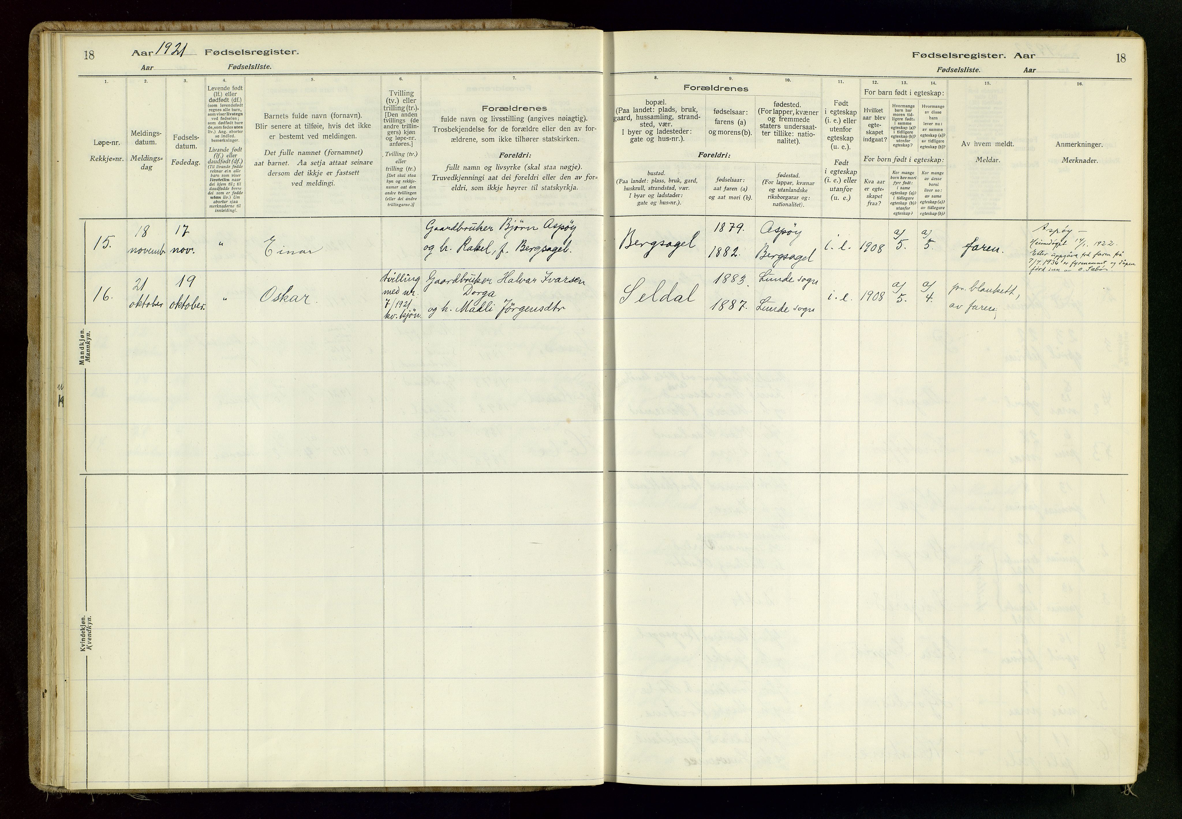 Høgsfjord sokneprestkontor, AV/SAST-A-101624/I/Id/L0001: Fødselsregister nr. 1, 1916-1982, s. 18