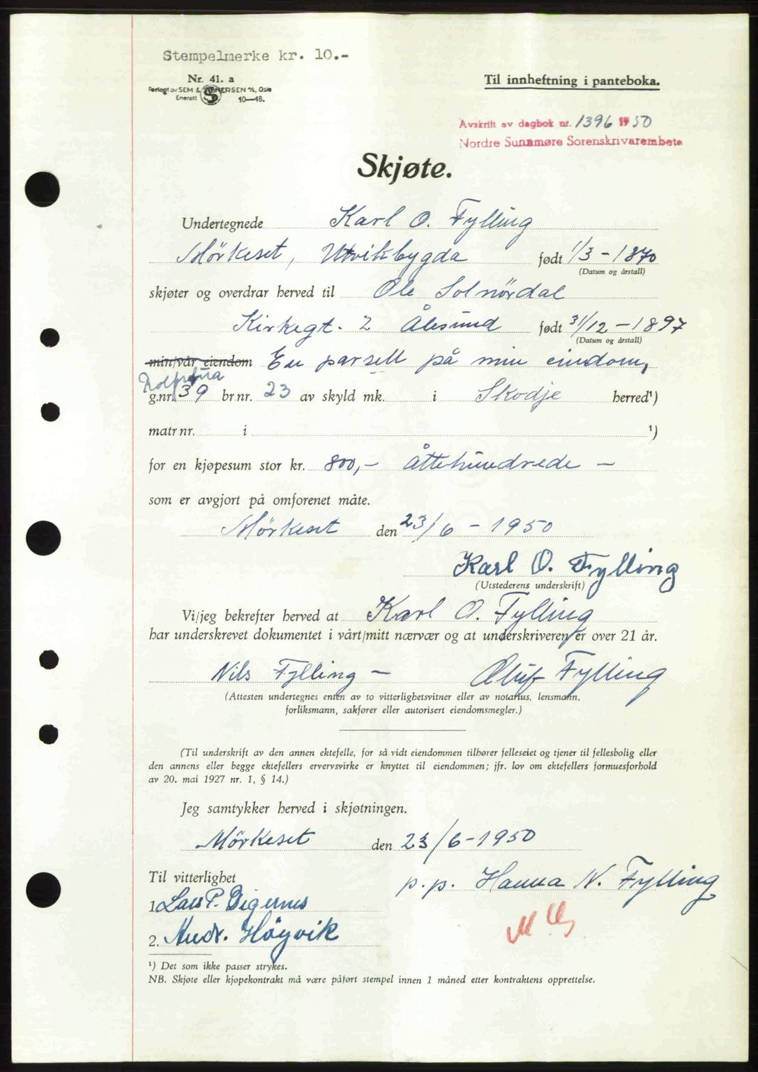 Nordre Sunnmøre sorenskriveri, SAT/A-0006/1/2/2C/2Ca: Pantebok nr. A35, 1950-1950, Dagboknr: 1396/1950