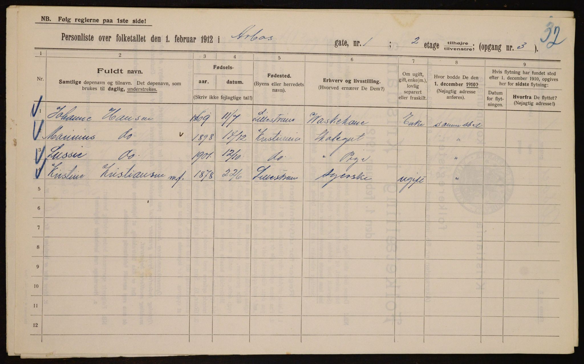 OBA, Kommunal folketelling 1.2.1912 for Kristiania, 1912, s. 1672