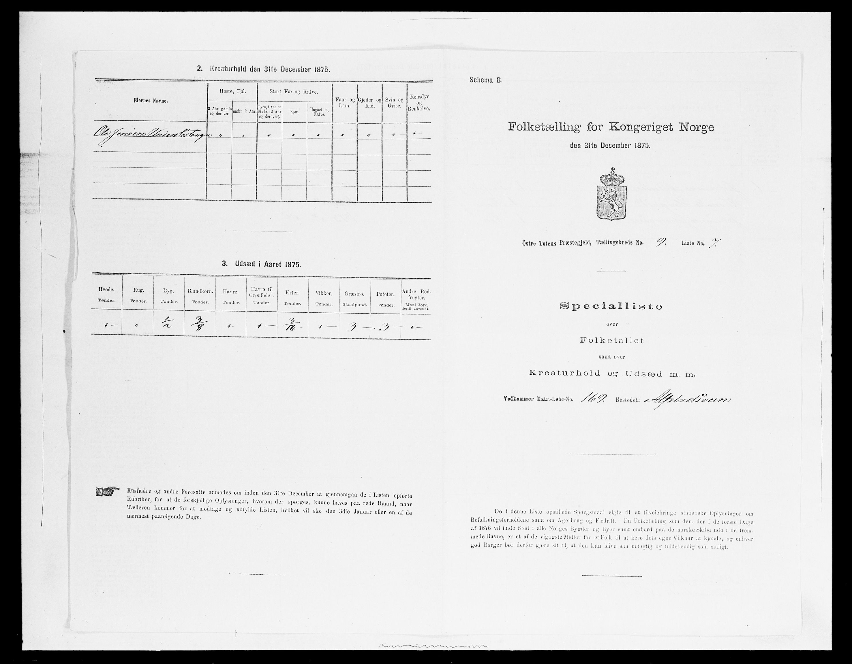 SAH, Folketelling 1875 for 0528P Østre Toten prestegjeld, 1875, s. 1627