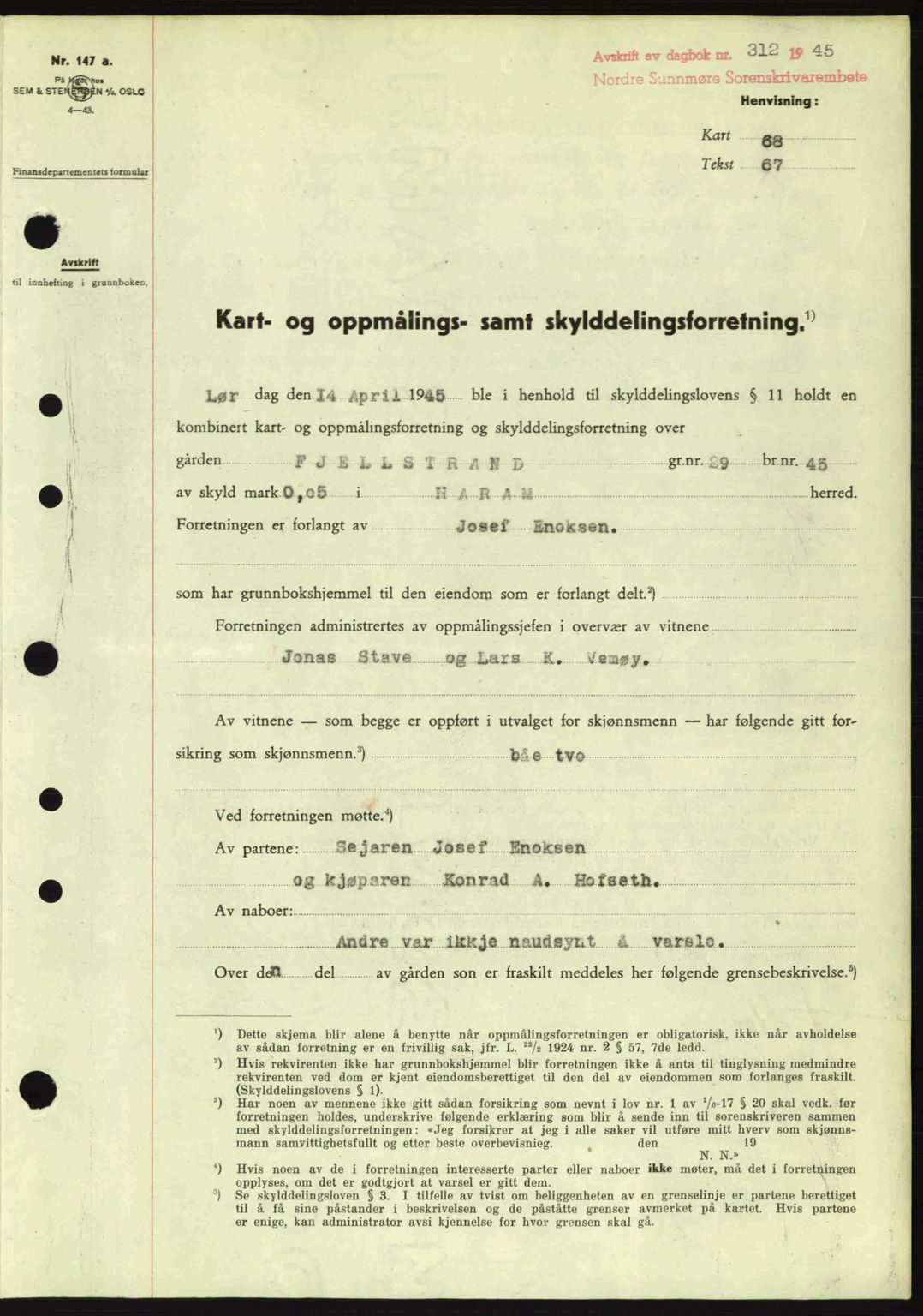 Nordre Sunnmøre sorenskriveri, SAT/A-0006/1/2/2C/2Ca: Pantebok nr. A19, 1944-1945, Dagboknr: 312/1945