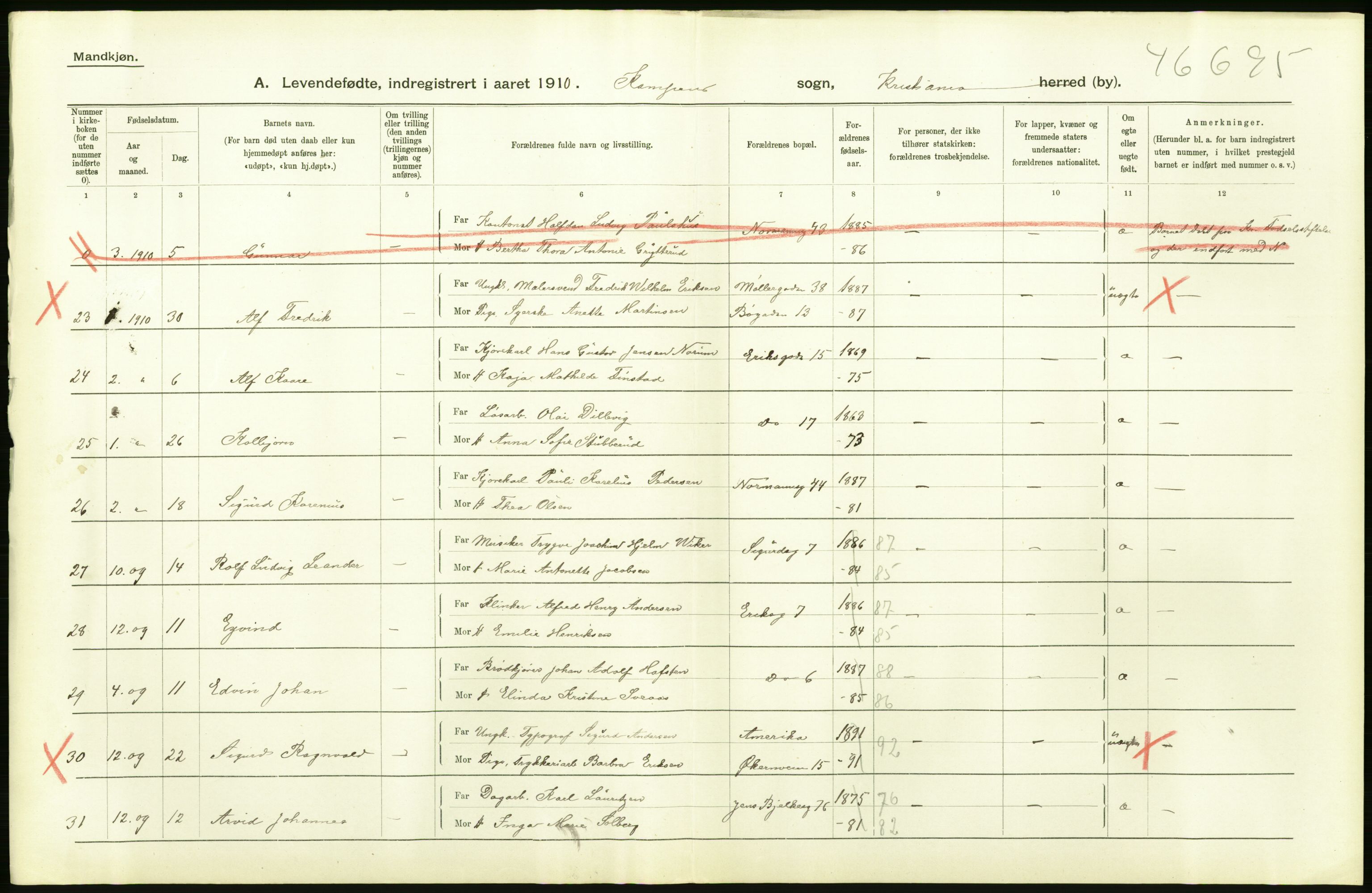 Statistisk sentralbyrå, Sosiodemografiske emner, Befolkning, RA/S-2228/D/Df/Dfa/Dfah/L0006: Kristiania: Levendefødte menn., 1910, s. 356