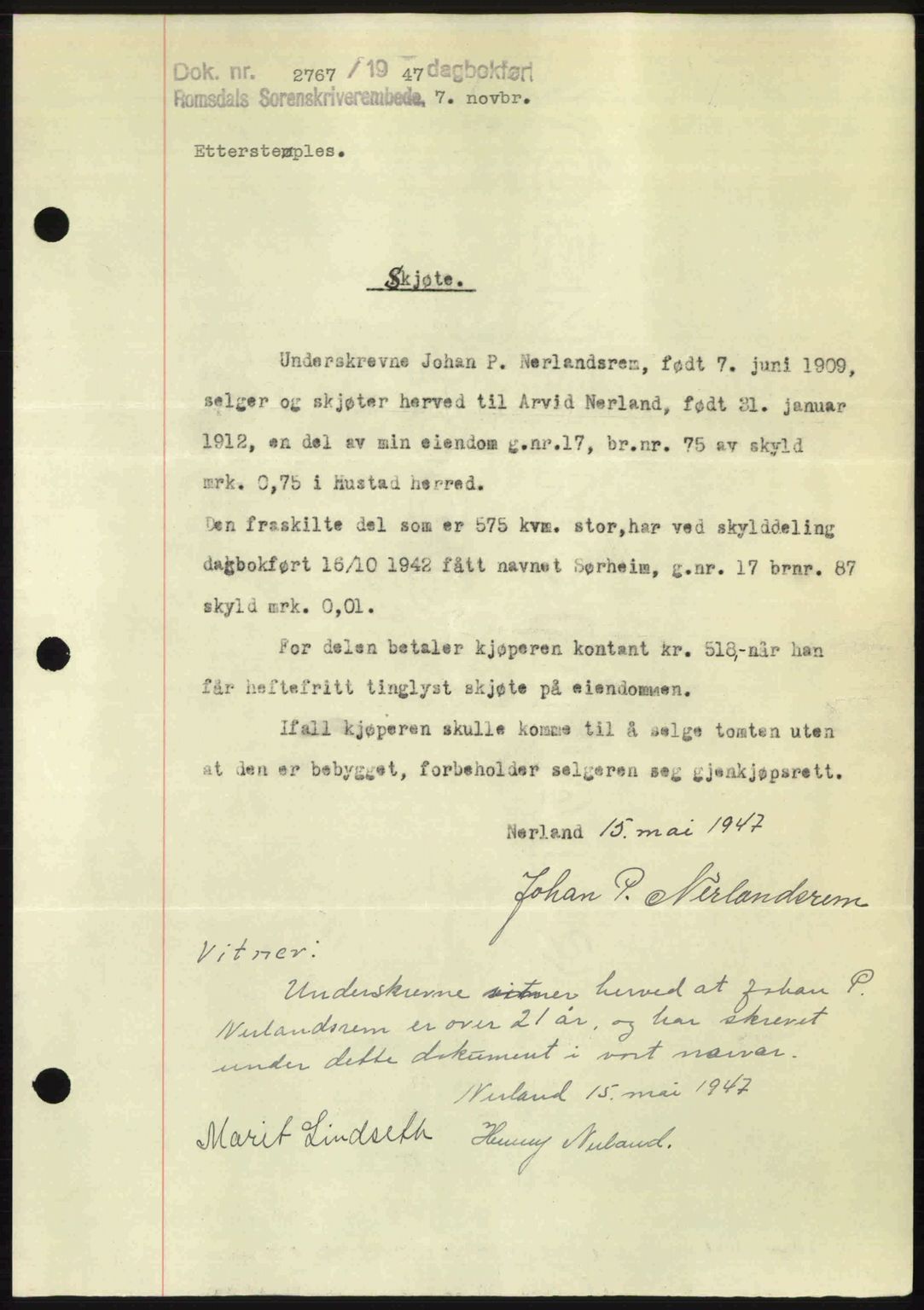 Romsdal sorenskriveri, SAT/A-4149/1/2/2C: Pantebok nr. A24, 1947-1947, Dagboknr: 2767/1947